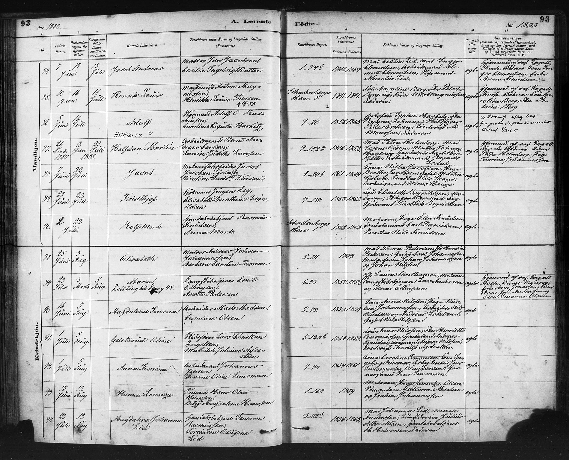 Nykirken Sokneprestembete, AV/SAB-A-77101/H/Haa: Parish register (official) no. B 5, 1885-1894, p. 93