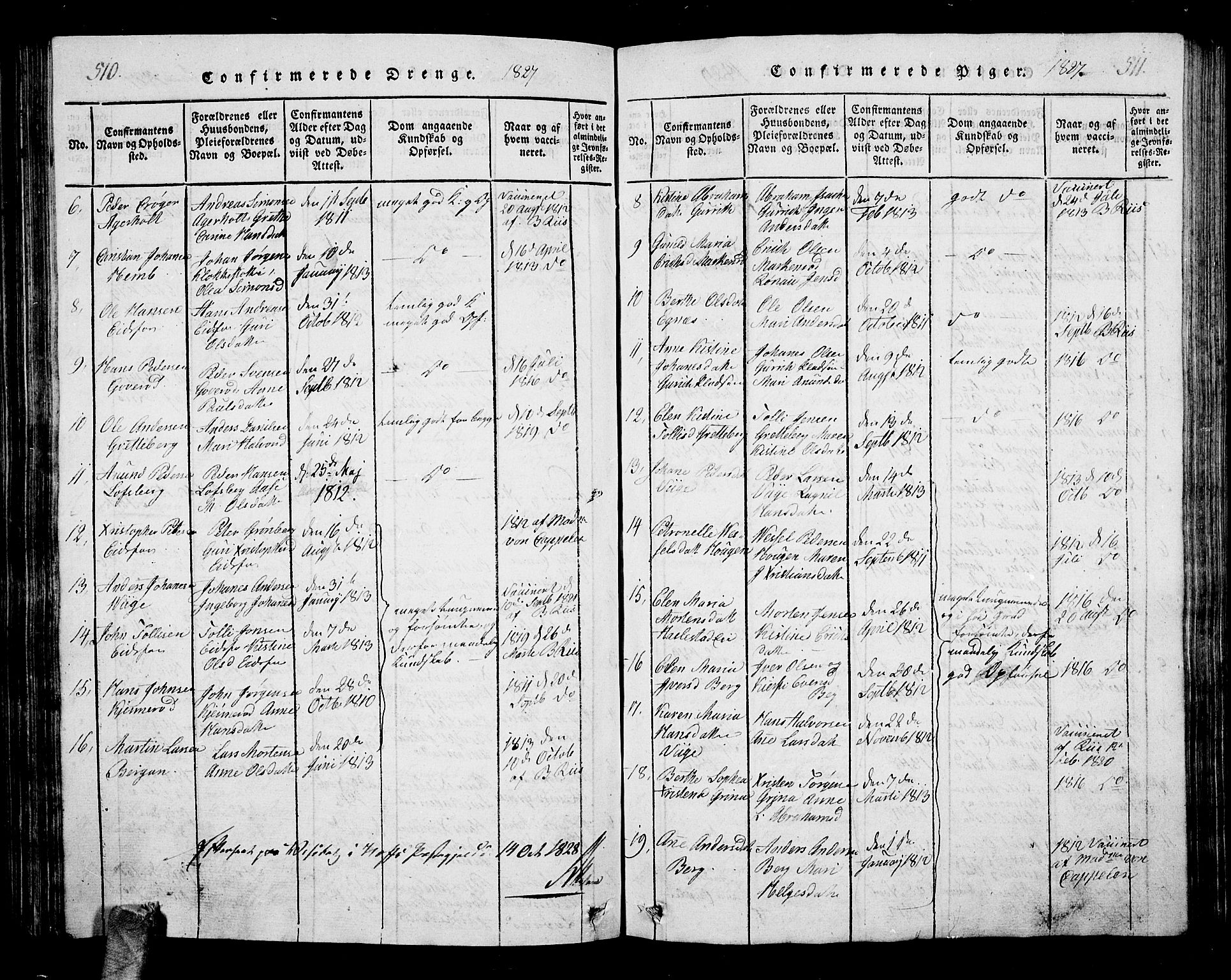 Hof kirkebøker, AV/SAKO-A-64/G/Ga/L0001: Parish register (copy) no. I 1, 1814-1844, p. 510-511