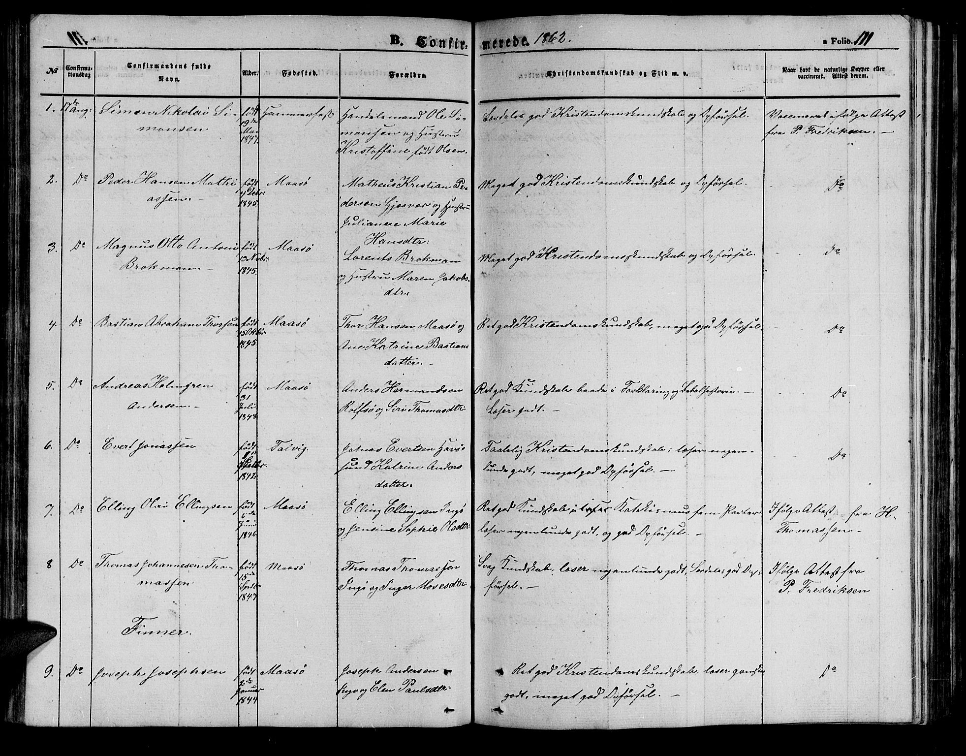 Måsøy sokneprestkontor, AV/SATØ-S-1348/H/Hb/L0001klokker: Parish register (copy) no. 1, 1852-1877, p. 111