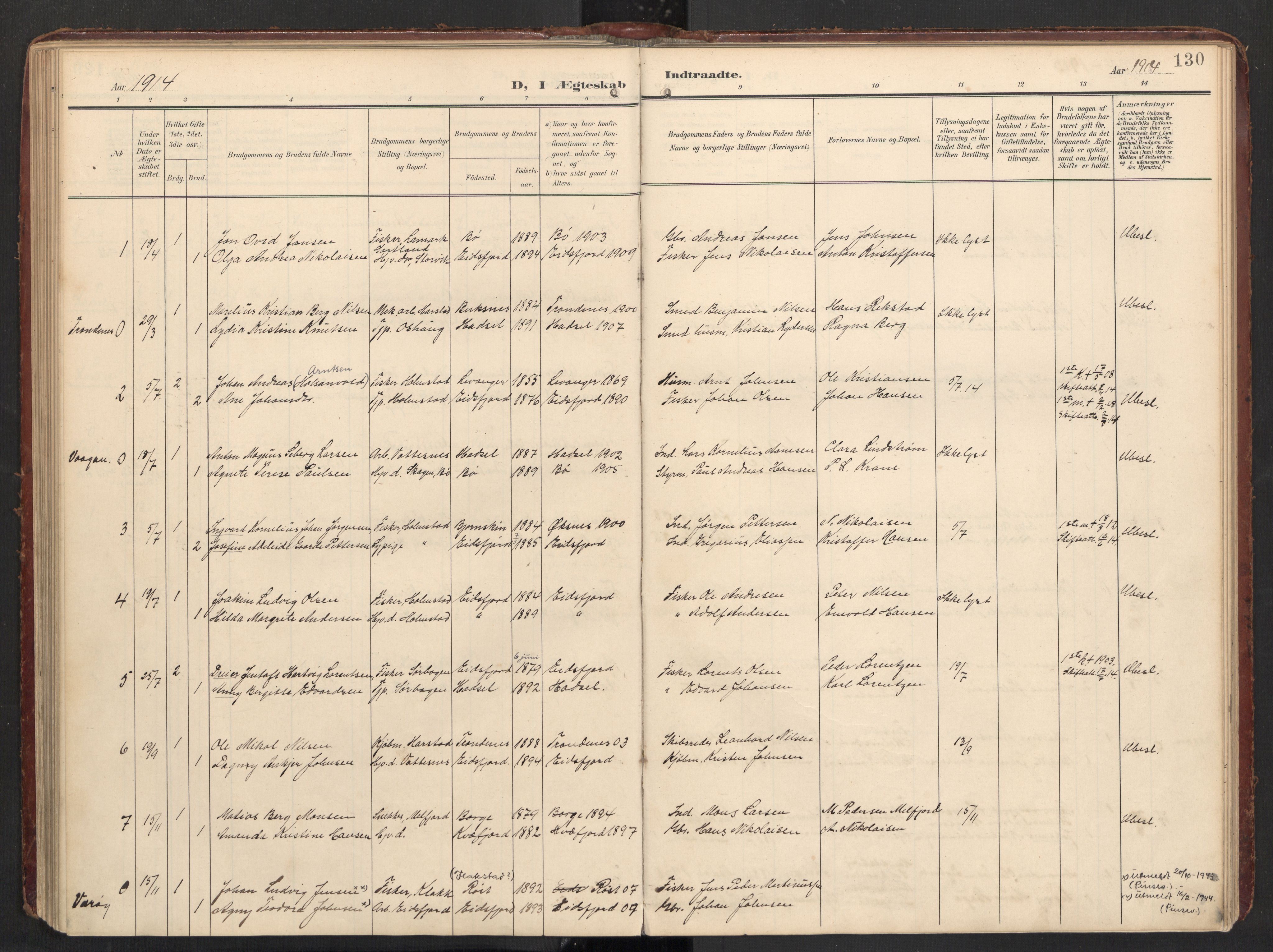 Ministerialprotokoller, klokkerbøker og fødselsregistre - Nordland, SAT/A-1459/890/L1287: Parish register (official) no. 890A02, 1903-1915, p. 130