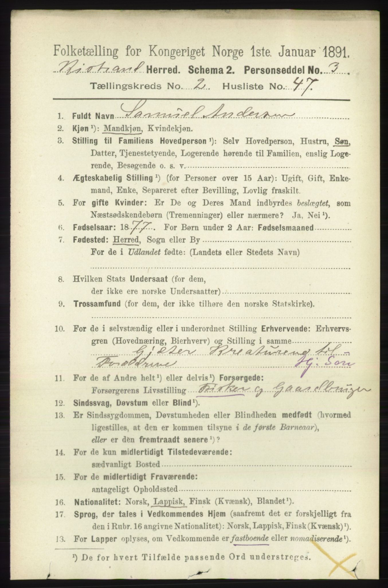 RA, 1891 census for 2020 Kistrand, 1891, p. 854