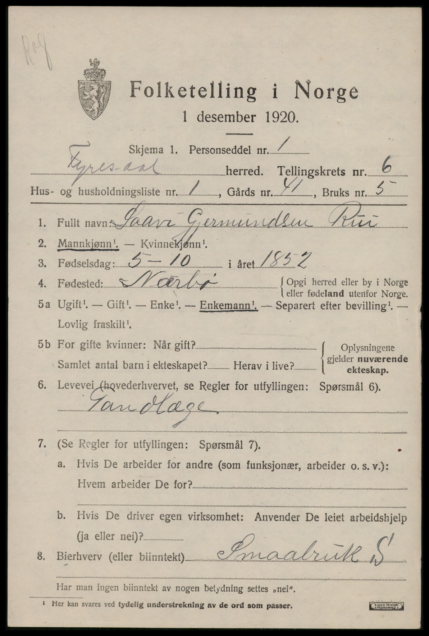 SAKO, 1920 census for Fyresdal, 1920, p. 2309