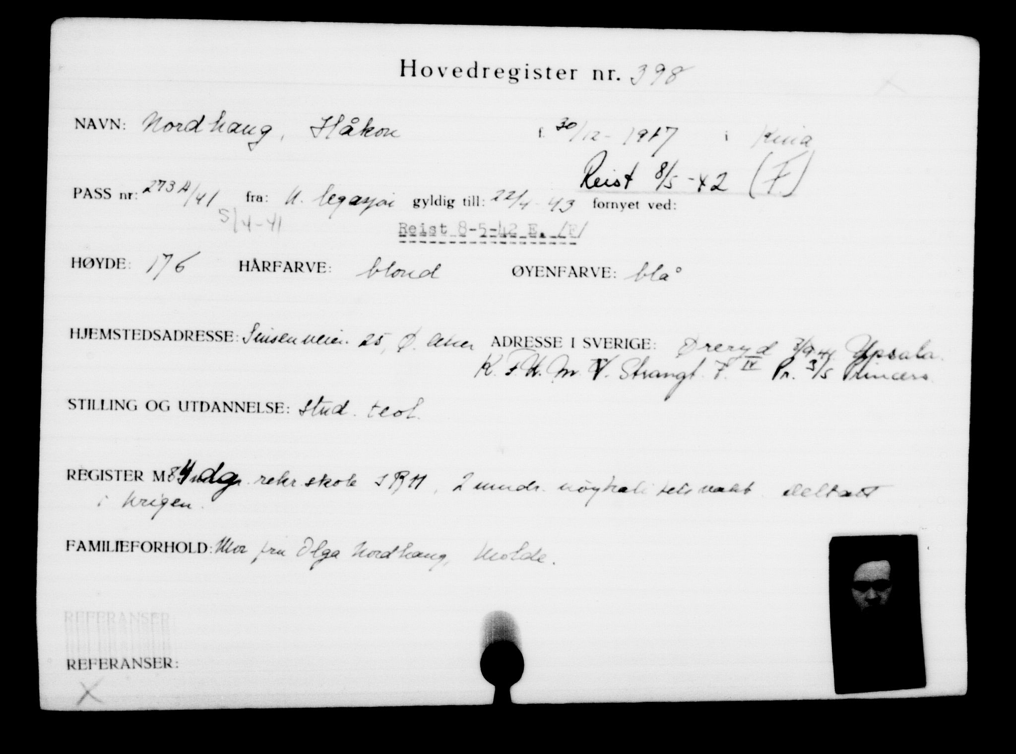 Utenriksstasjonene, Legasjonen i Stockholm, Flyktningkontoret, AV/RA-S-6753/V/Va/L0001: Kjesäterkartoteket, flyktninger med registreringsnr. 1-1000, 1940-1945, p. 623