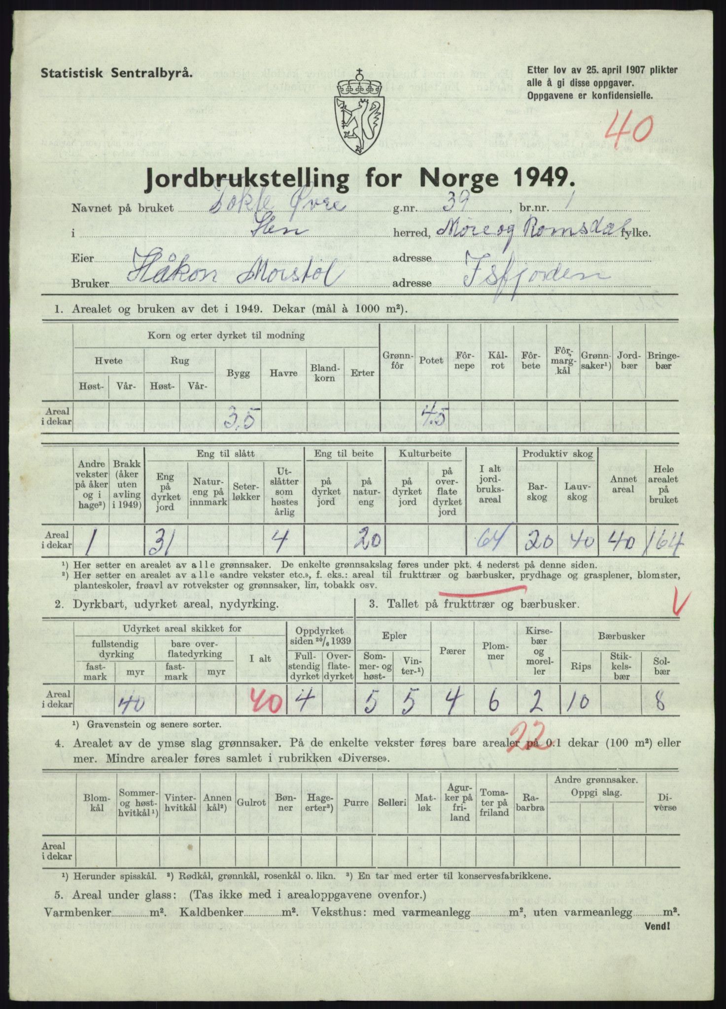 Statistisk sentralbyrå, Næringsøkonomiske emner, Jordbruk, skogbruk, jakt, fiske og fangst, AV/RA-S-2234/G/Gc/L0323: Møre og Romsdal: Grytten og Hen, 1949, p. 767