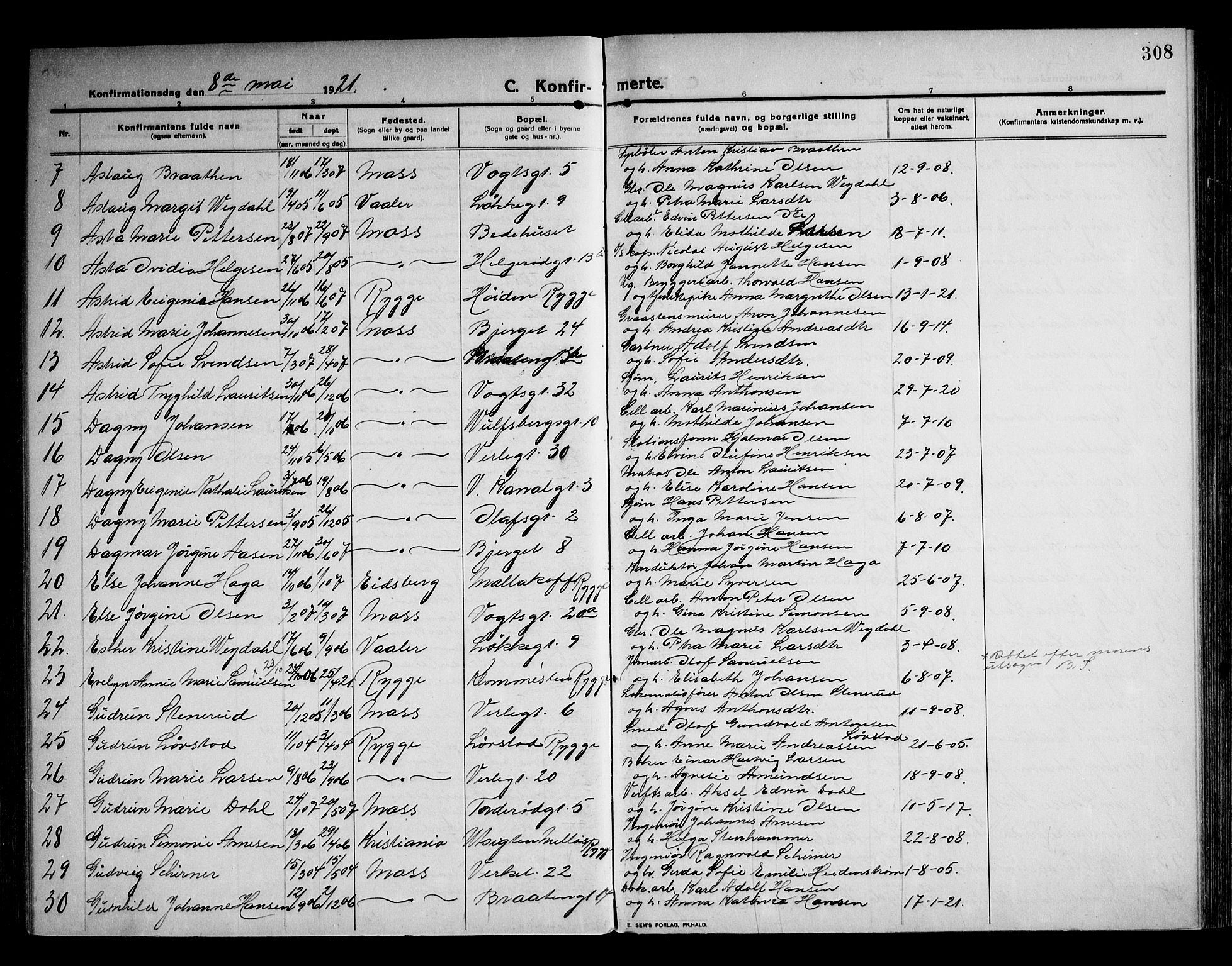 Moss prestekontor Kirkebøker, AV/SAO-A-2003/F/Fb/L0005: Parish register (official) no. II 5, 1913-1923, p. 308