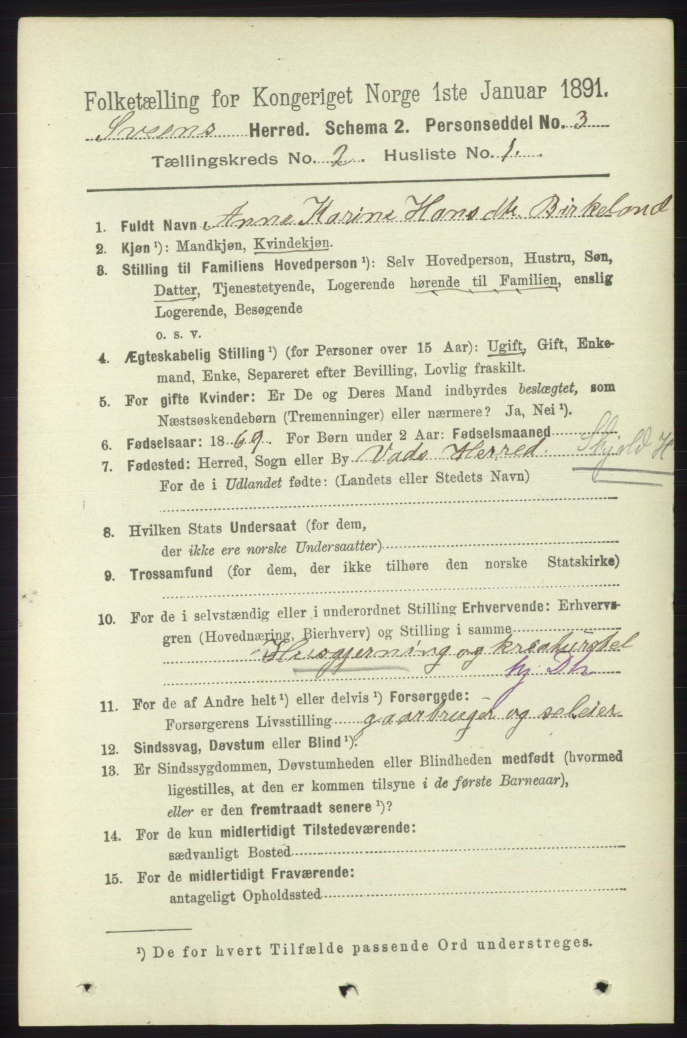 RA, 1891 census for 1216 Sveio, 1891, p. 516