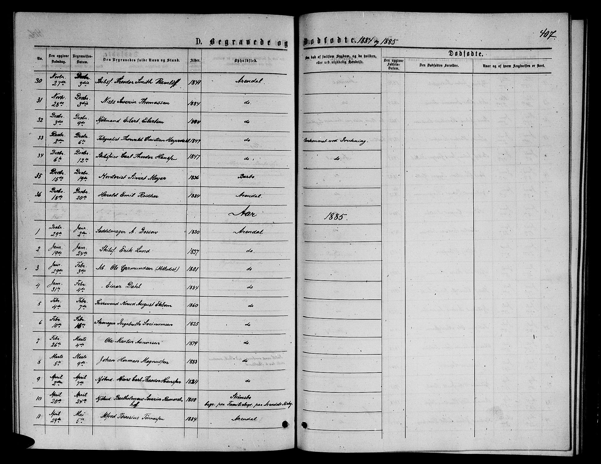 Arendal sokneprestkontor, Trefoldighet, AV/SAK-1111-0040/F/Fb/L0005: Parish register (copy) no. B 5, 1874-1888, p. 407