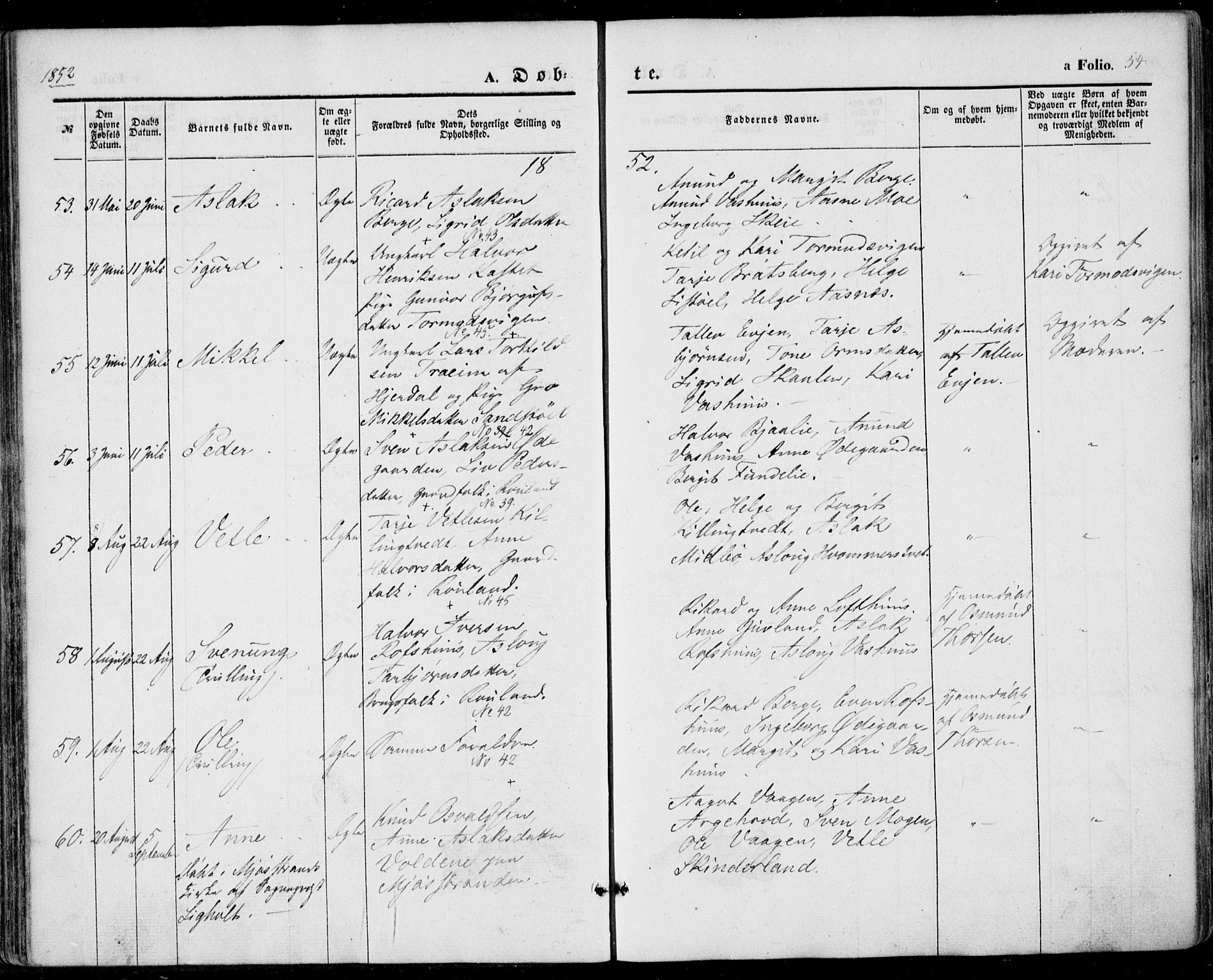 Vinje kirkebøker, AV/SAKO-A-312/F/Fa/L0004: Parish register (official) no. I 4, 1843-1869, p. 54