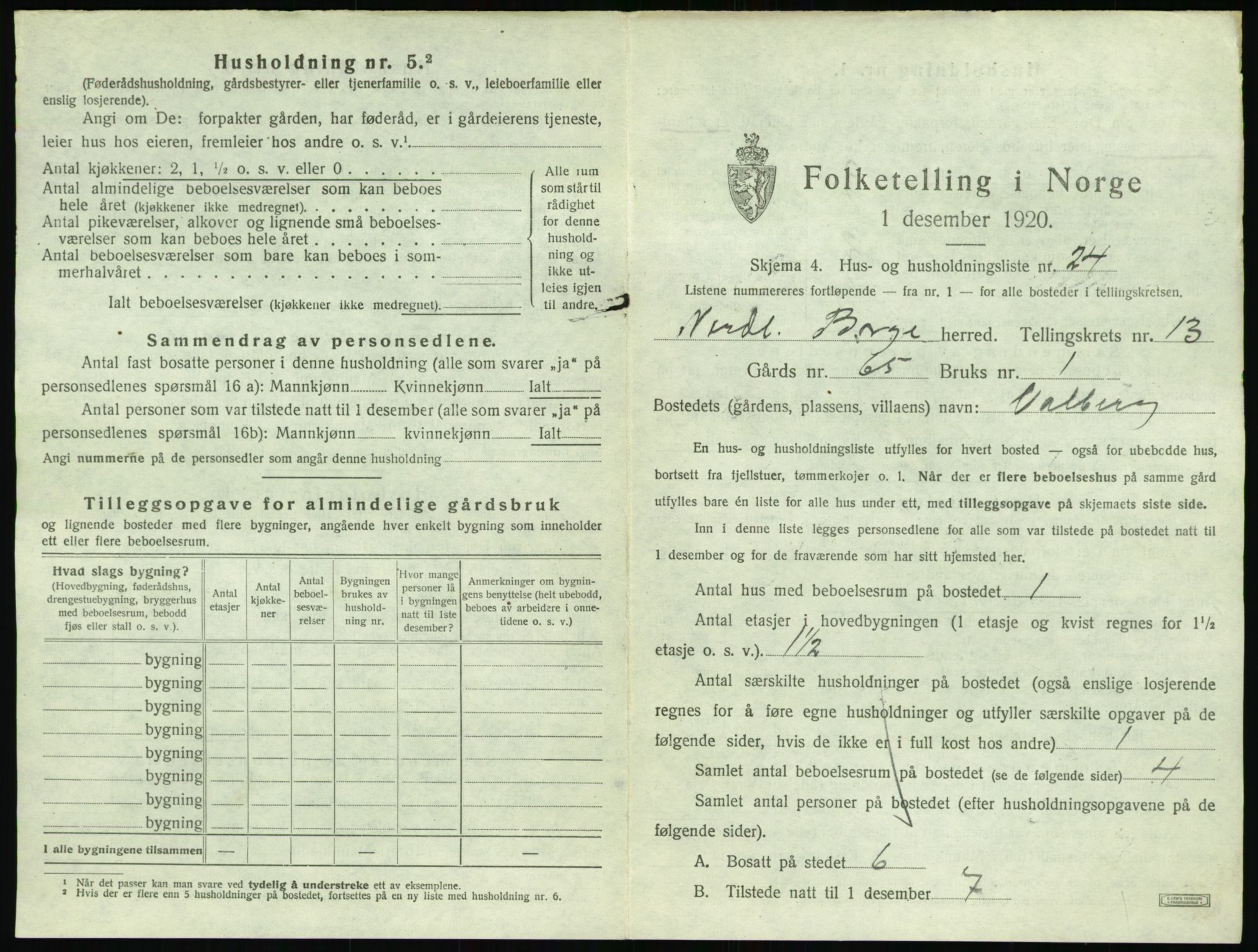 SAT, 1920 census for Borge, 1920, p. 1465