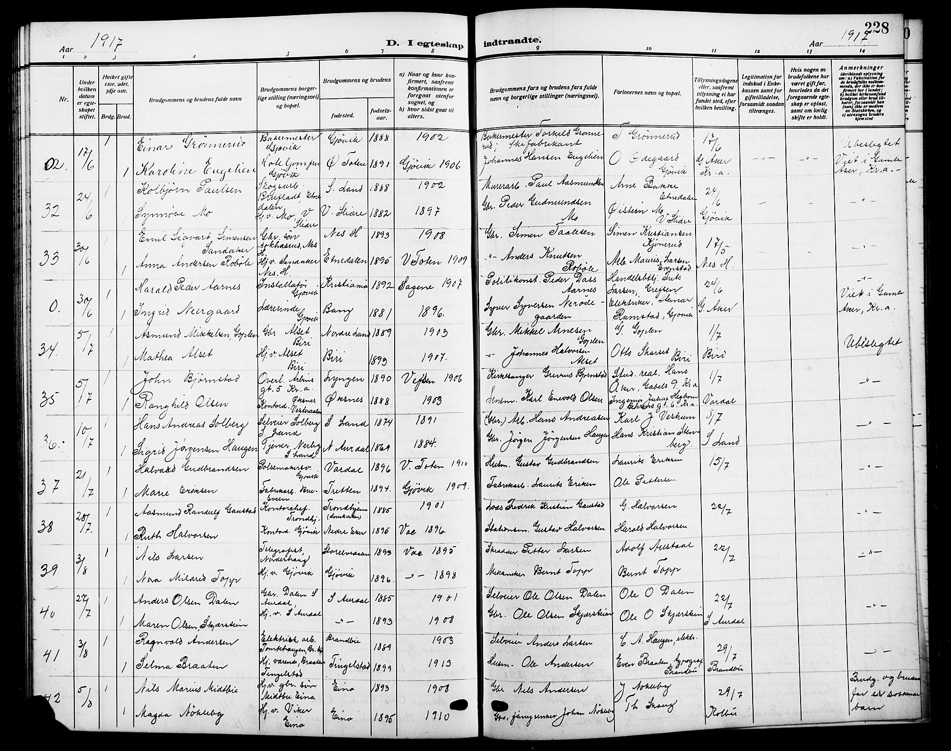 Vardal prestekontor, SAH/PREST-100/H/Ha/Hab/L0014: Parish register (copy) no. 14, 1911-1922, p. 228