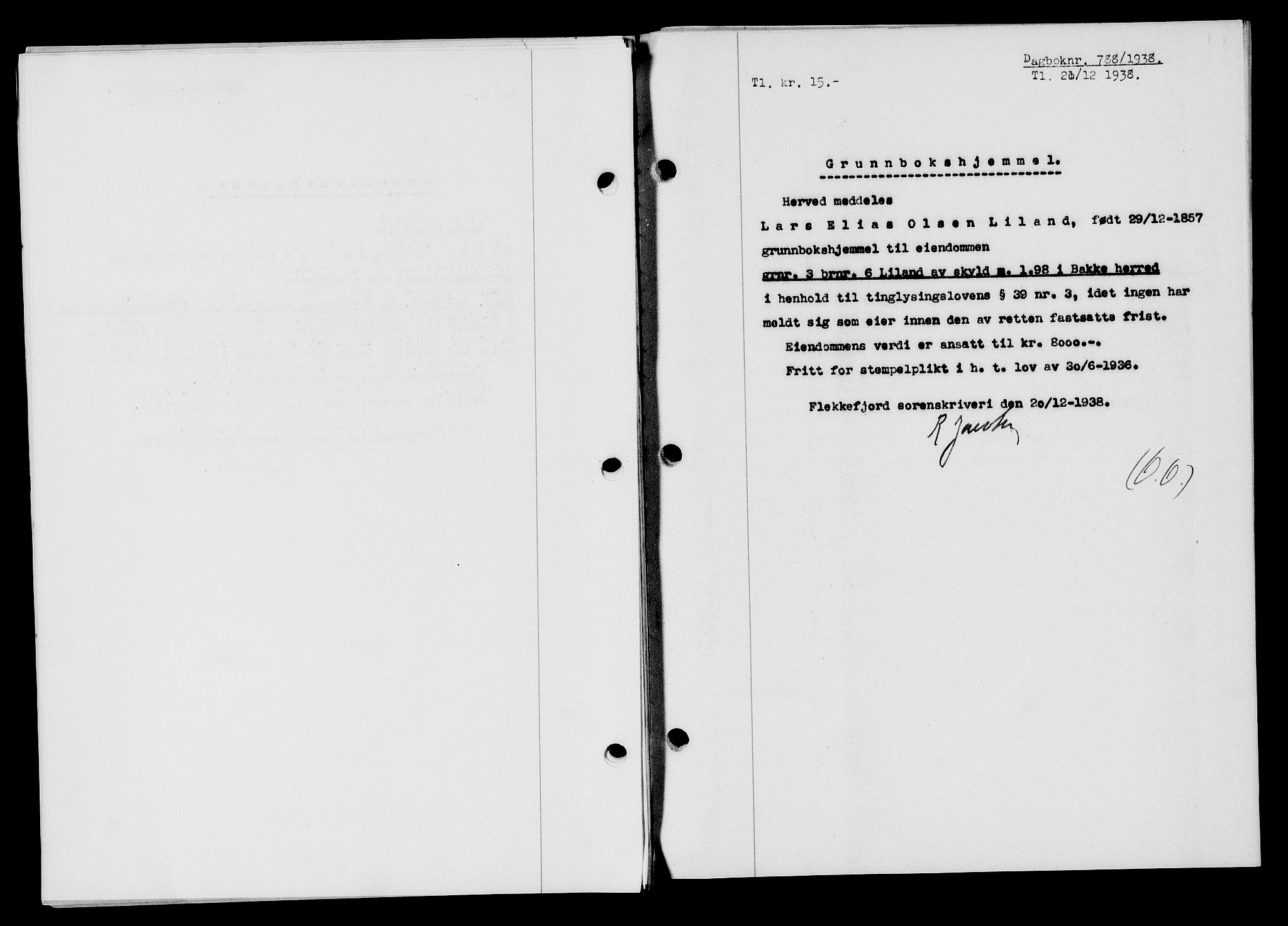 Flekkefjord sorenskriveri, SAK/1221-0001/G/Gb/Gba/L0054: Mortgage book no. A-2, 1937-1938, Diary no: : 788/1938