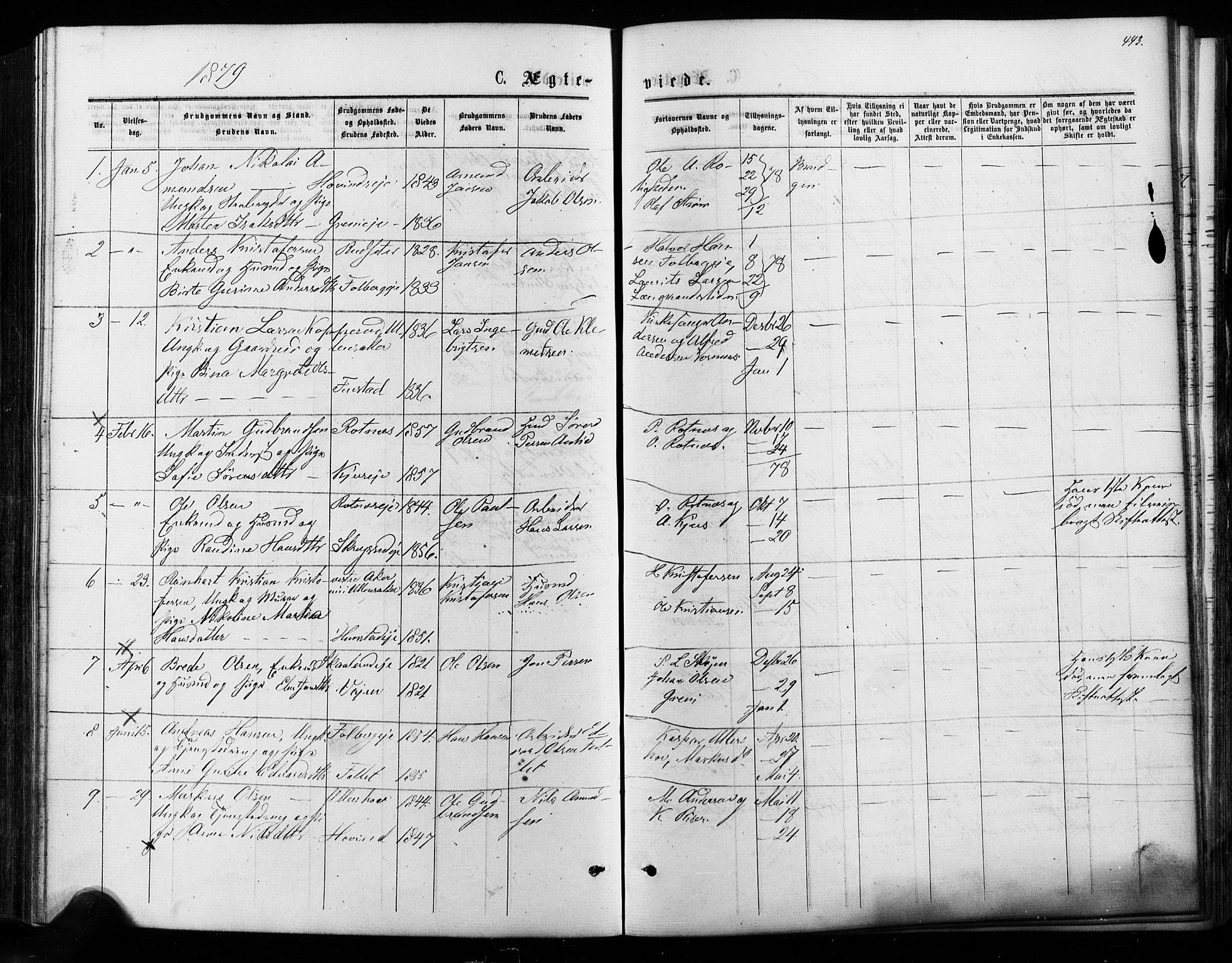 Nes prestekontor Kirkebøker, SAO/A-10410/F/Fa/L0009: Parish register (official) no. I 9, 1875-1882, p. 443