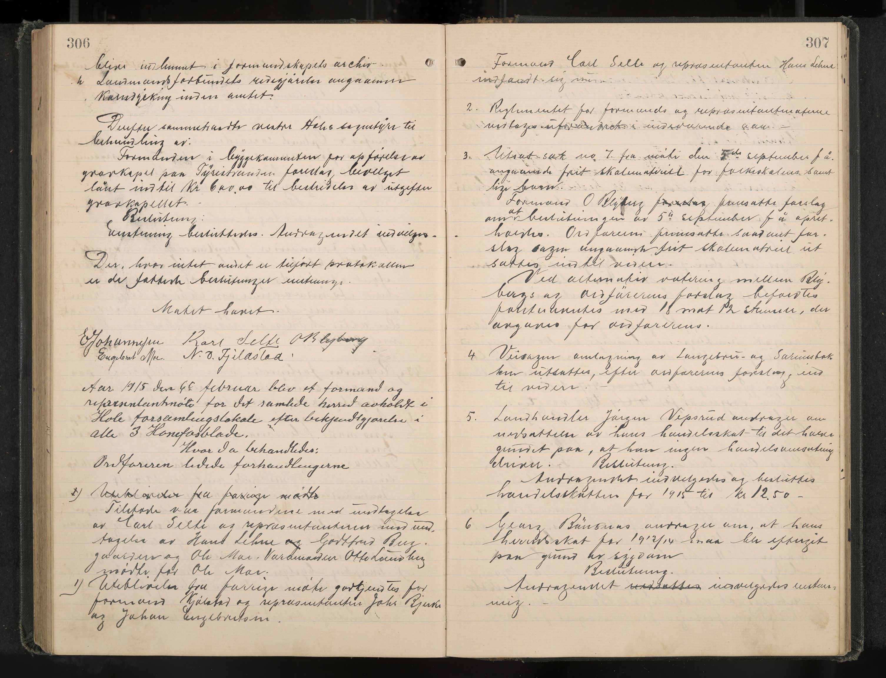 Hole formannskap og sentraladministrasjon, IKAK/0612021-1/A/Aa/L0005: Møtebok, 1911-1916, p. 306-307