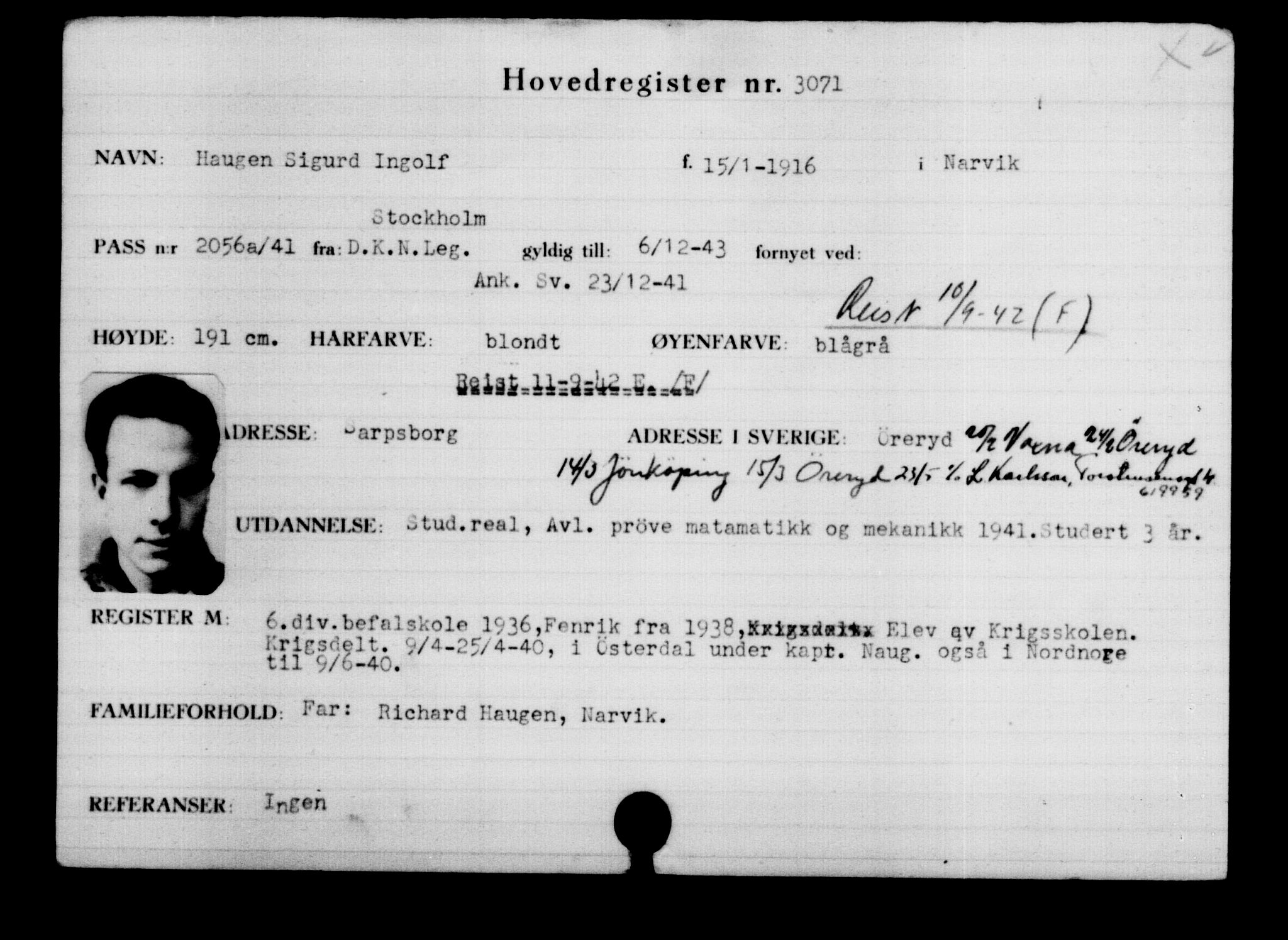 Utenriksstasjonene, Legasjonen i Stockholm, Flyktningkontoret, AV/RA-S-6753/V/Va/L0003: Kjesäterkartoteket, flyktninger med registreringsnr. 2001-3495, 1940-1945, p. 1497