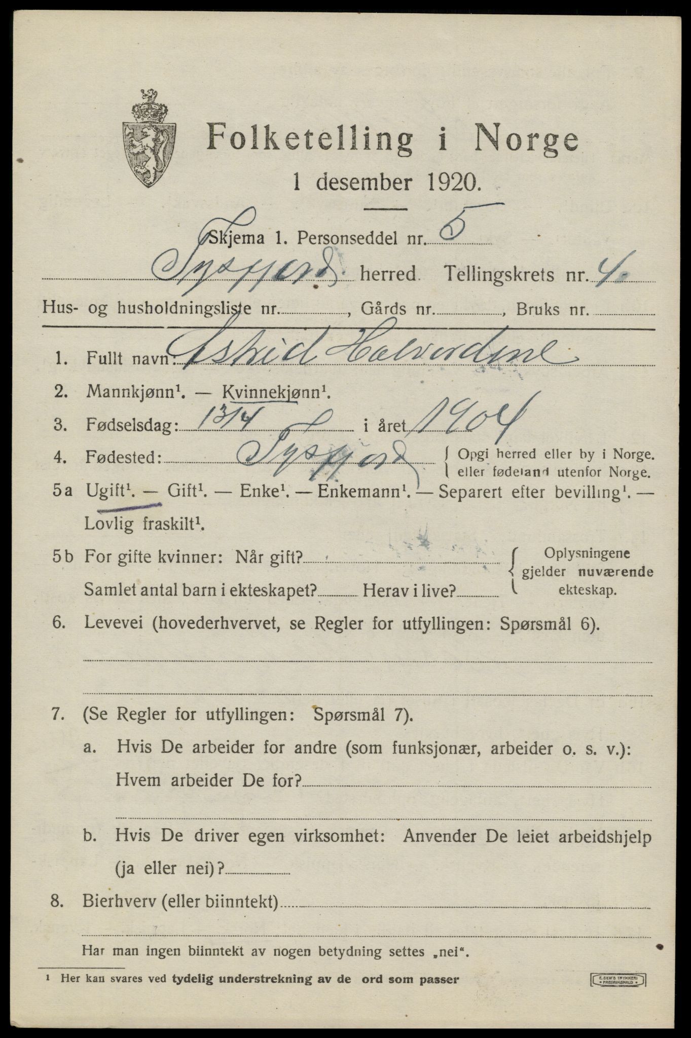 SAT, 1920 census for Tysfjord, 1920, p. 4041