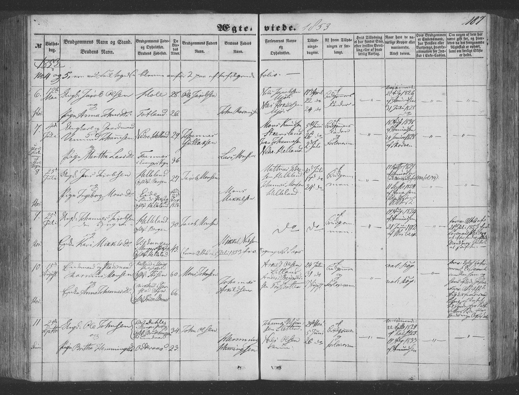 Hosanger sokneprestembete, AV/SAB-A-75801/H/Haa: Parish register (official) no. A 8, 1849-1863, p. 187