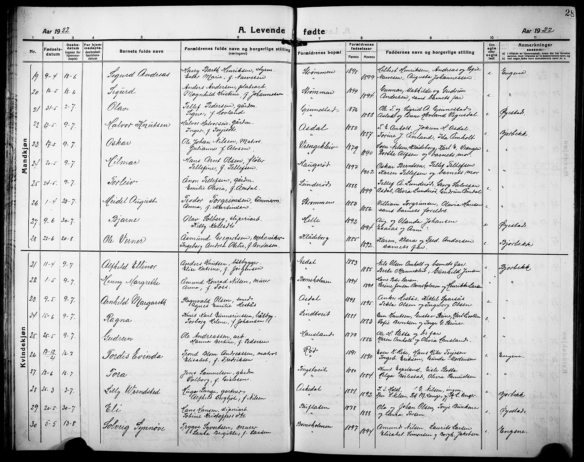Øyestad sokneprestkontor, AV/SAK-1111-0049/F/Fb/L0012: Parish register (copy) no. B 12, 1919-1932, p. 28