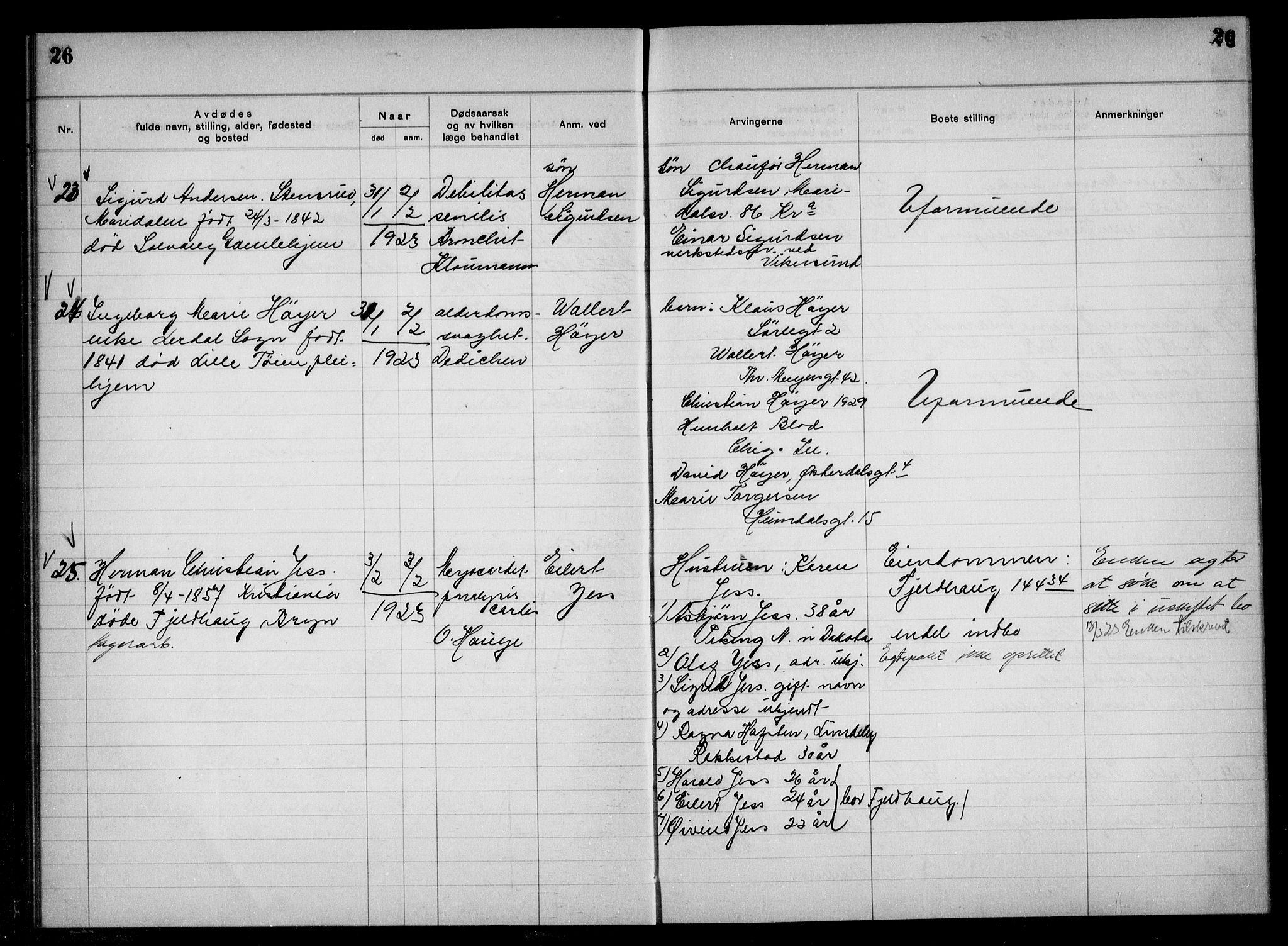 Aker kriminaldommer, skifte- og auksjonsforvalterembete, SAO/A-10452/H/Hb/Hba/Hbac/L0001: Dødsfallsprotokoll for Østre Aker, 1922-1927, p. 26