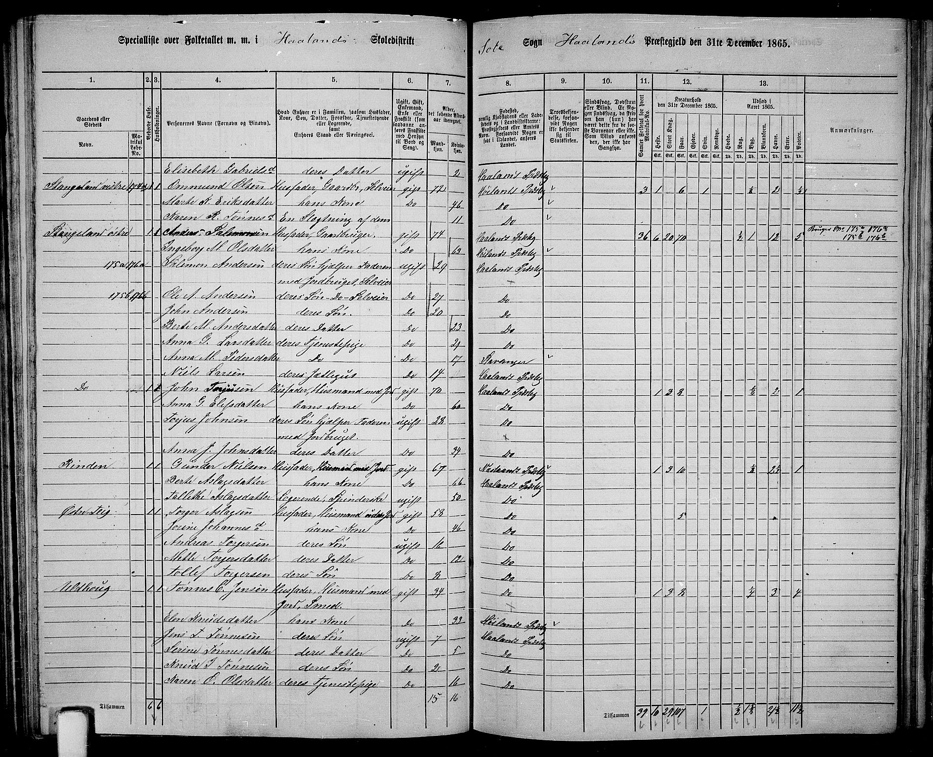 RA, 1865 census for Håland, 1865, p. 70