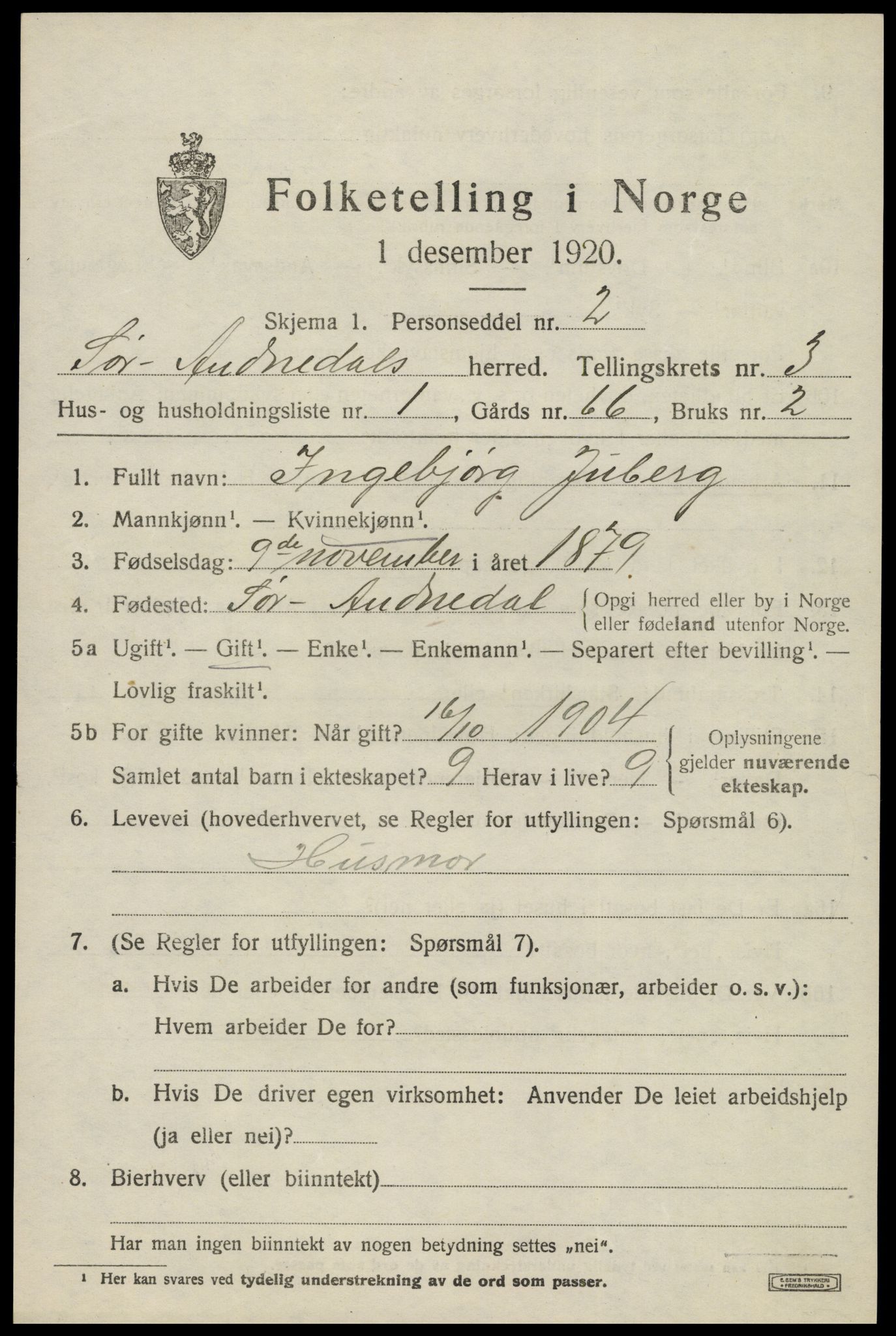 SAK, 1920 census for Sør-Audnedal, 1920, p. 1827