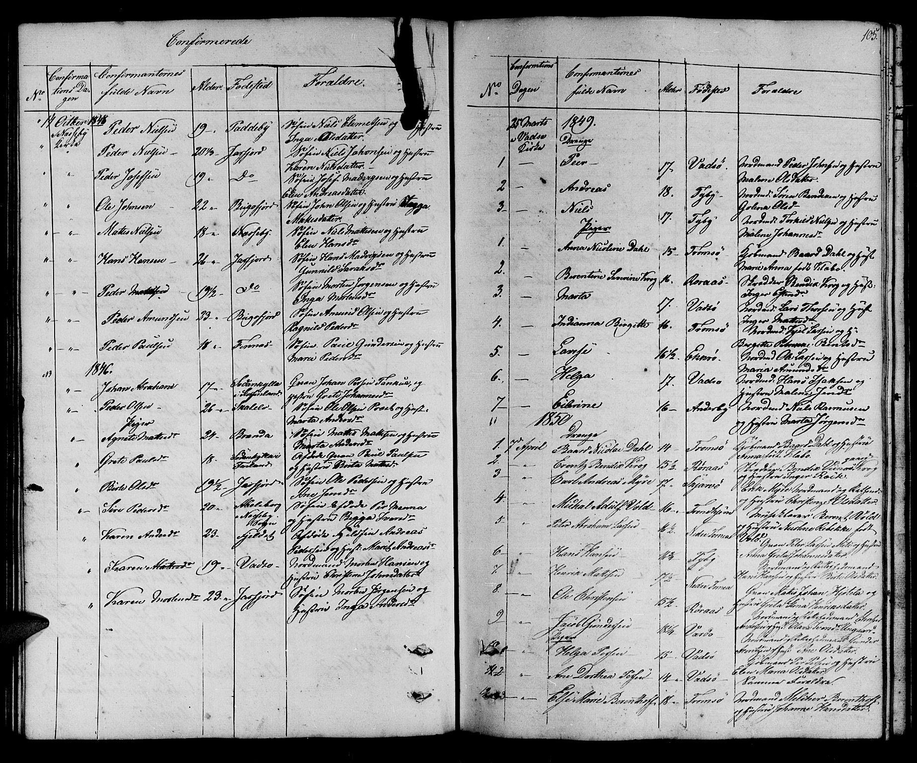 Vadsø sokneprestkontor, SATØ/S-1325/H/Hb/L0001klokker: Parish register (copy) no. 1, 1843-1853, p. 105
