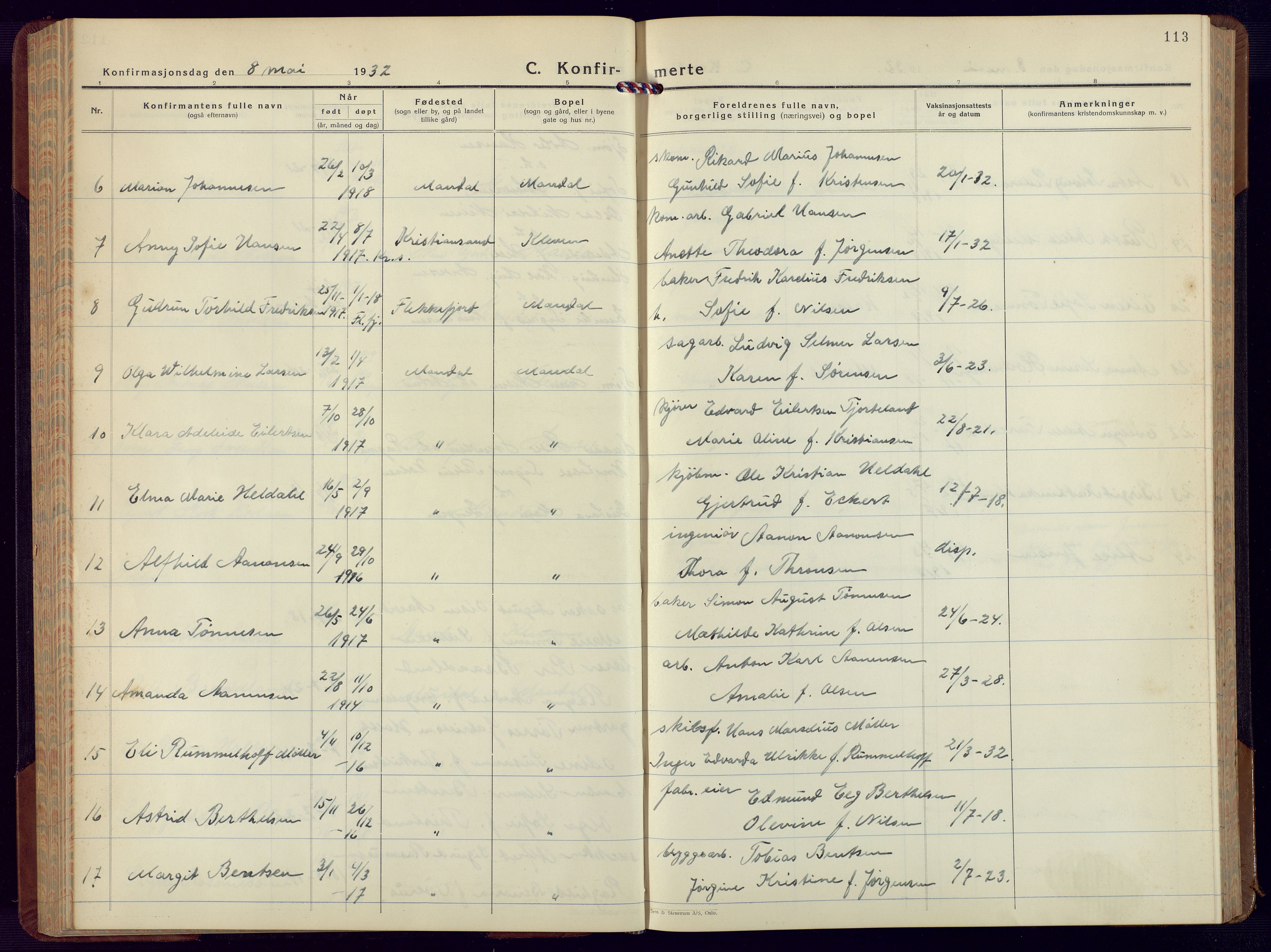 Mandal sokneprestkontor, AV/SAK-1111-0030/F/Fb/Fbc/L0002: Parish register (copy) no. B 2, 1931-1949, p. 113