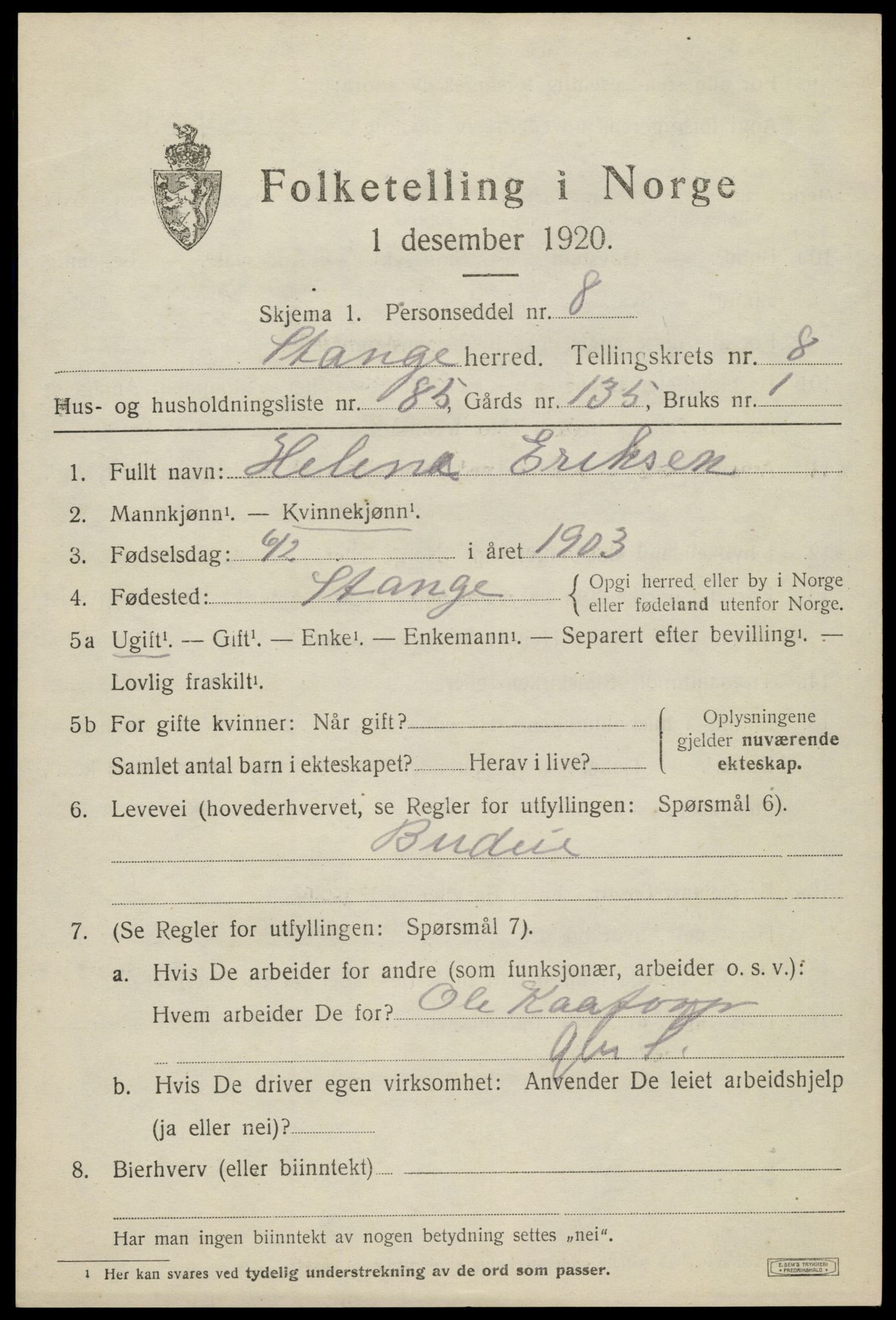 SAH, 1920 census for Stange, 1920, p. 14569