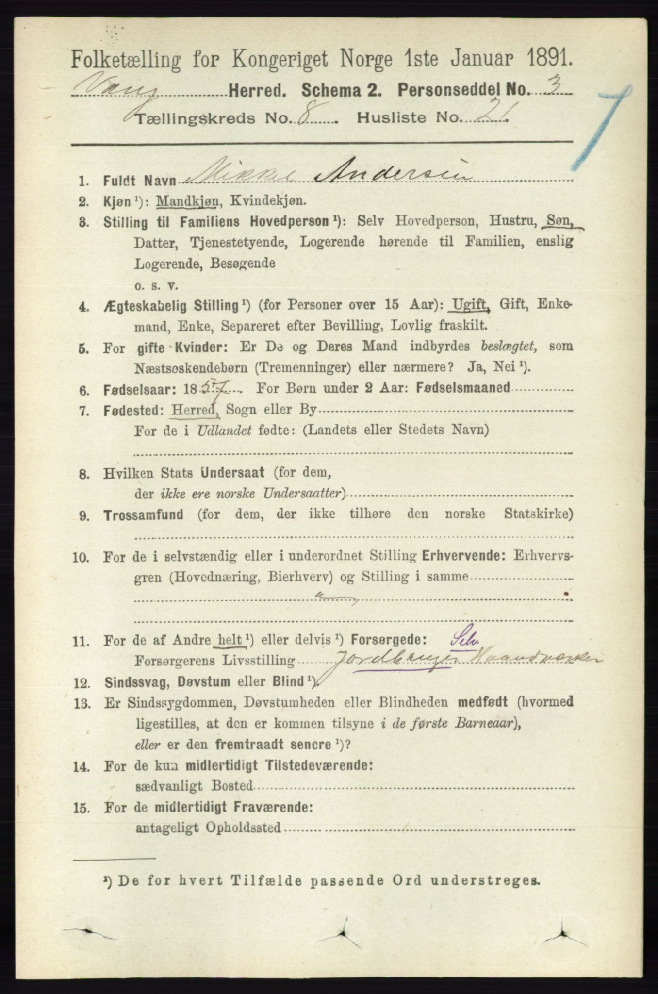 RA, 1891 census for 0414 Vang, 1891, p. 5719