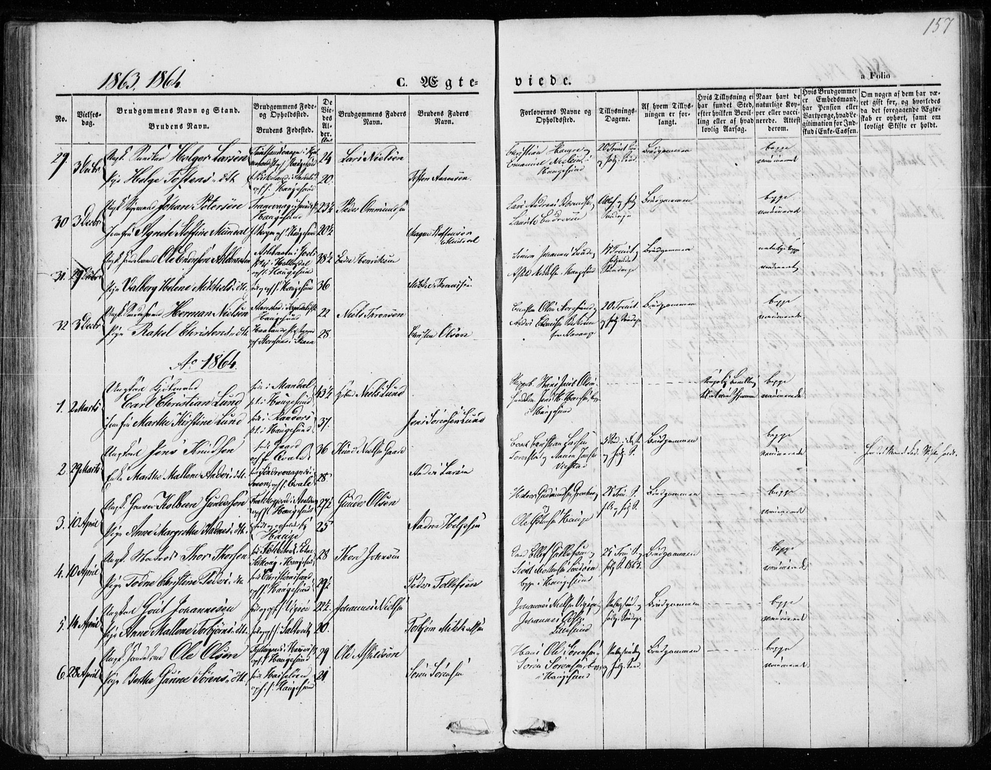 Torvastad sokneprestkontor, AV/SAST-A -101857/H/Ha/Haa/L0011: Parish register (official) no. A 11, 1857-1866, p. 157