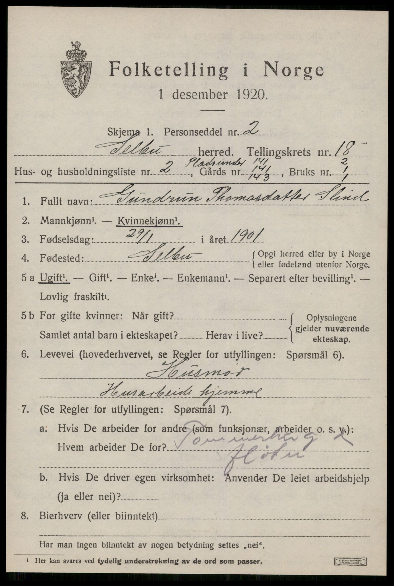 SAT, 1920 census for Selbu, 1920, p. 9448