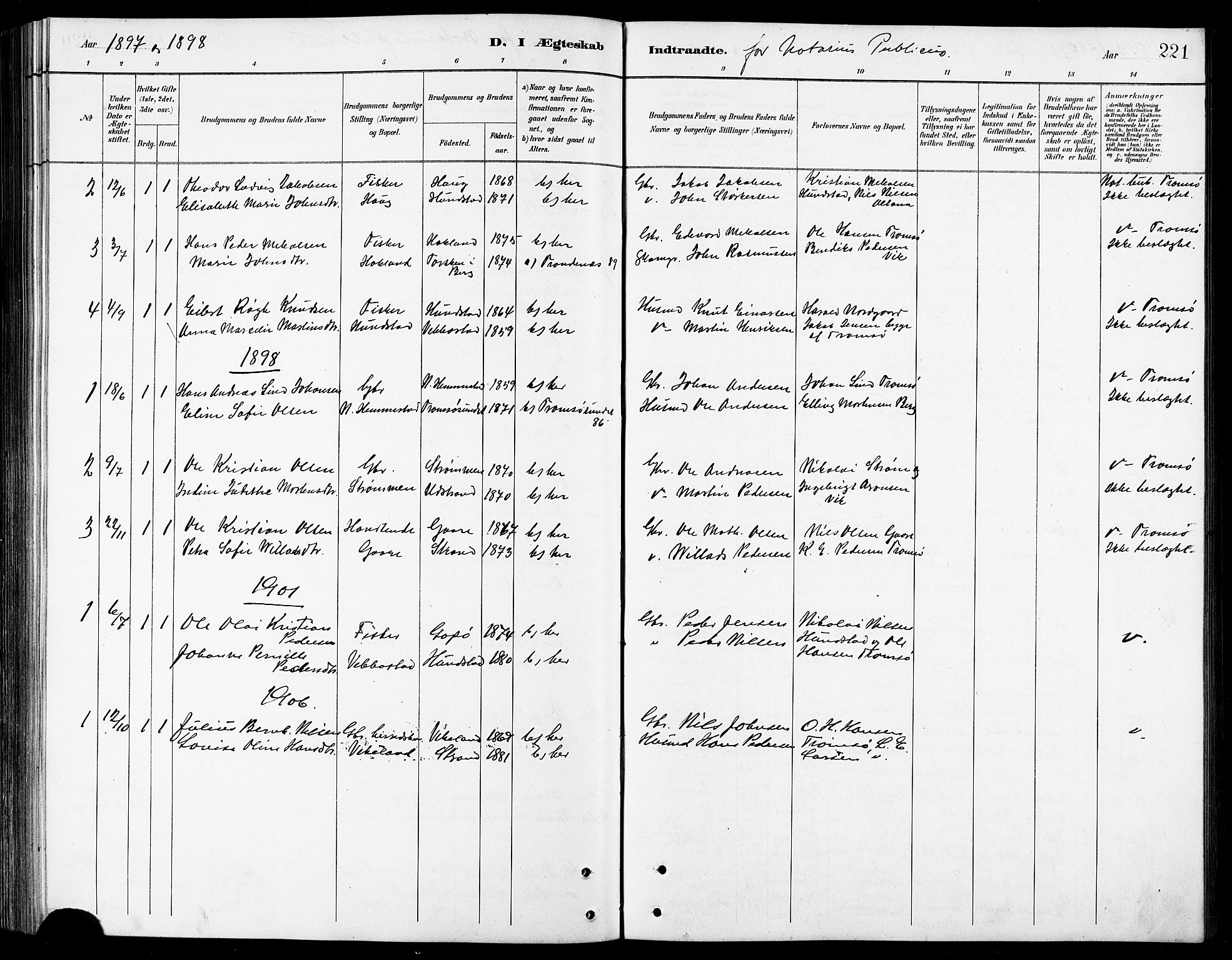 Kvæfjord sokneprestkontor, SATØ/S-1323/G/Ga/Gab/L0005klokker: Parish register (copy) no. 5, 1886-1911, p. 221