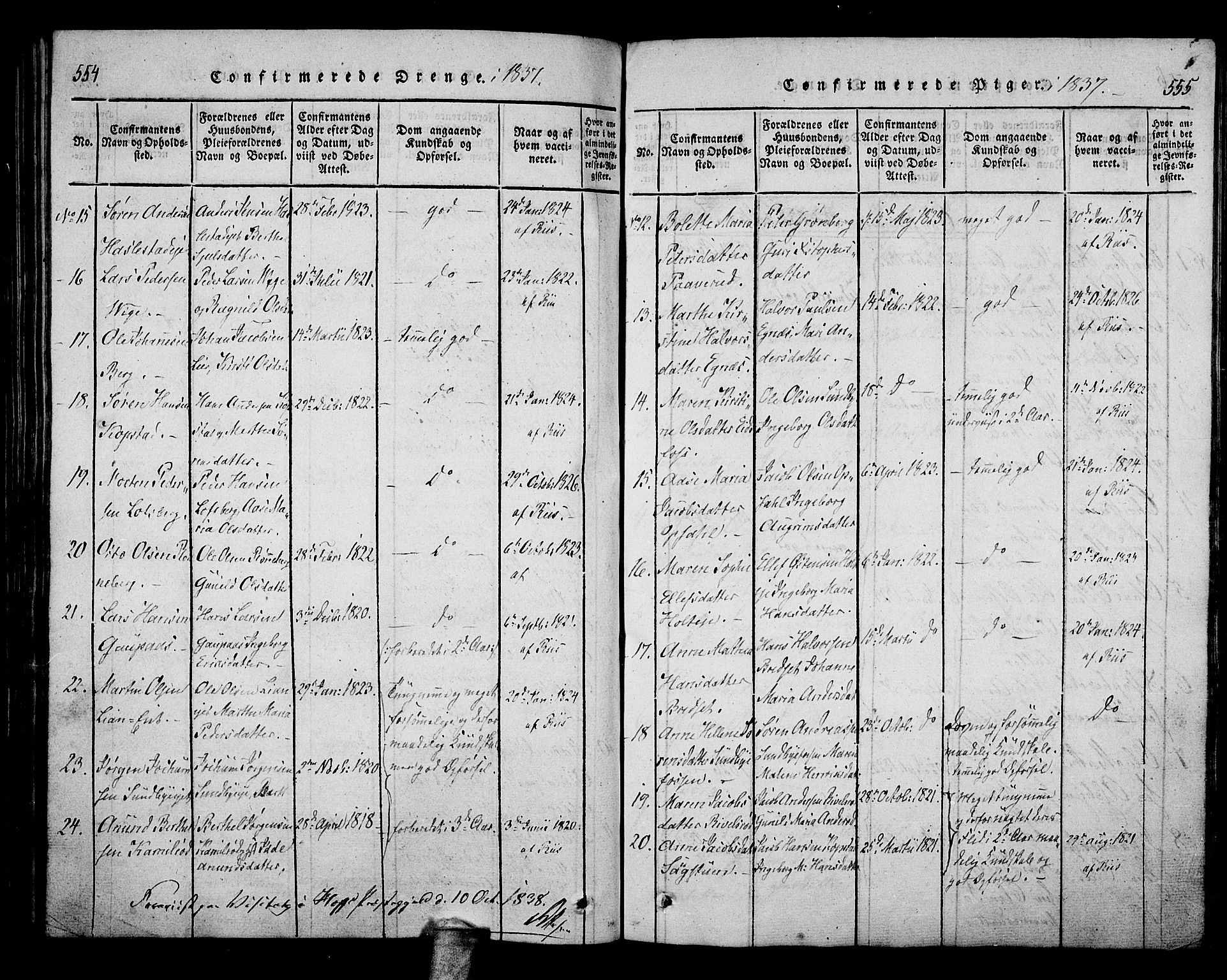 Hof kirkebøker, AV/SAKO-A-64/F/Fa/L0004: Parish register (official) no. I 4, 1814-1843, p. 554-555