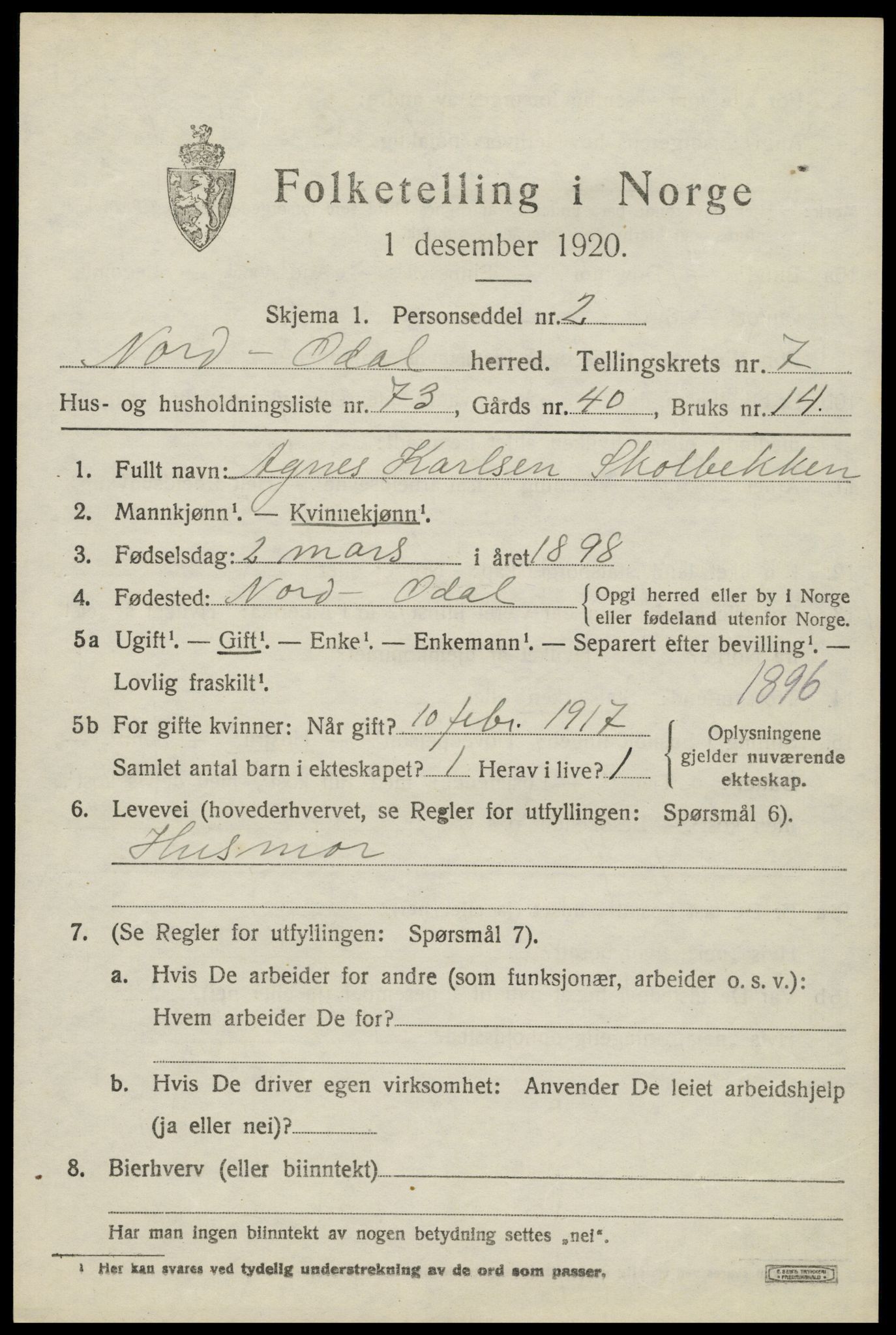 SAH, 1920 census for Nord-Odal, 1920, p. 7945