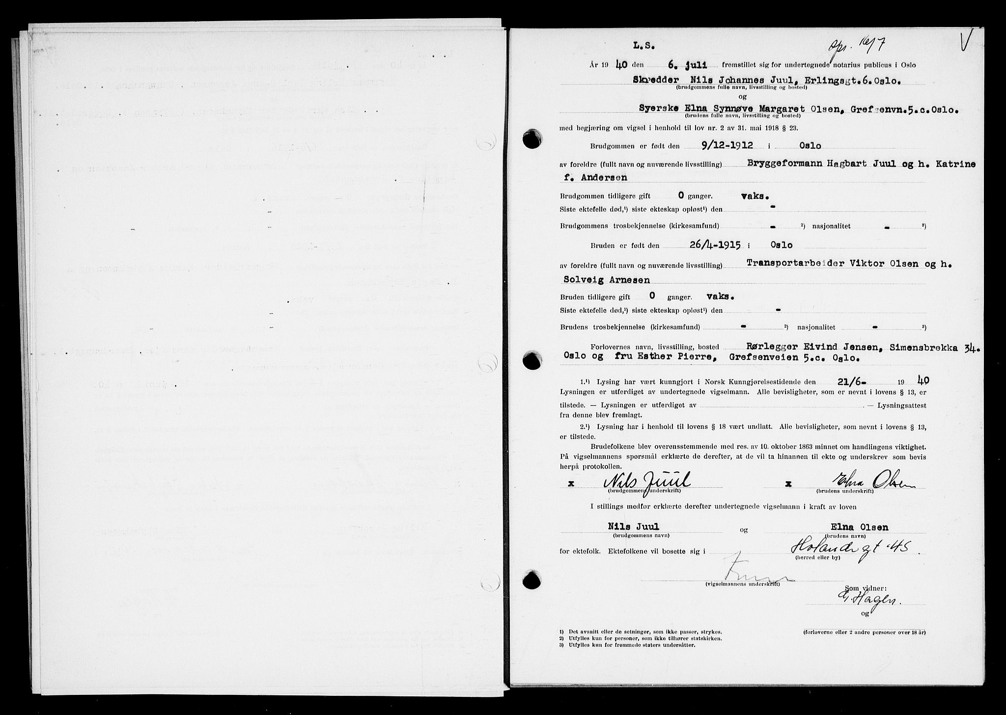 Oslo byfogd avd. I, AV/SAO-A-10220/L/Lb/Lbb/L0035: Notarialprotokoll, rekke II: Vigsler, 1940