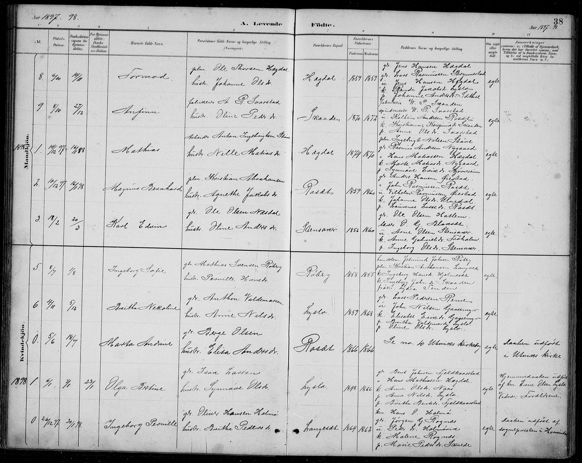 Innvik sokneprestembete, AV/SAB-A-80501: Parish register (copy) no. A 3, 1886-1912, p. 38