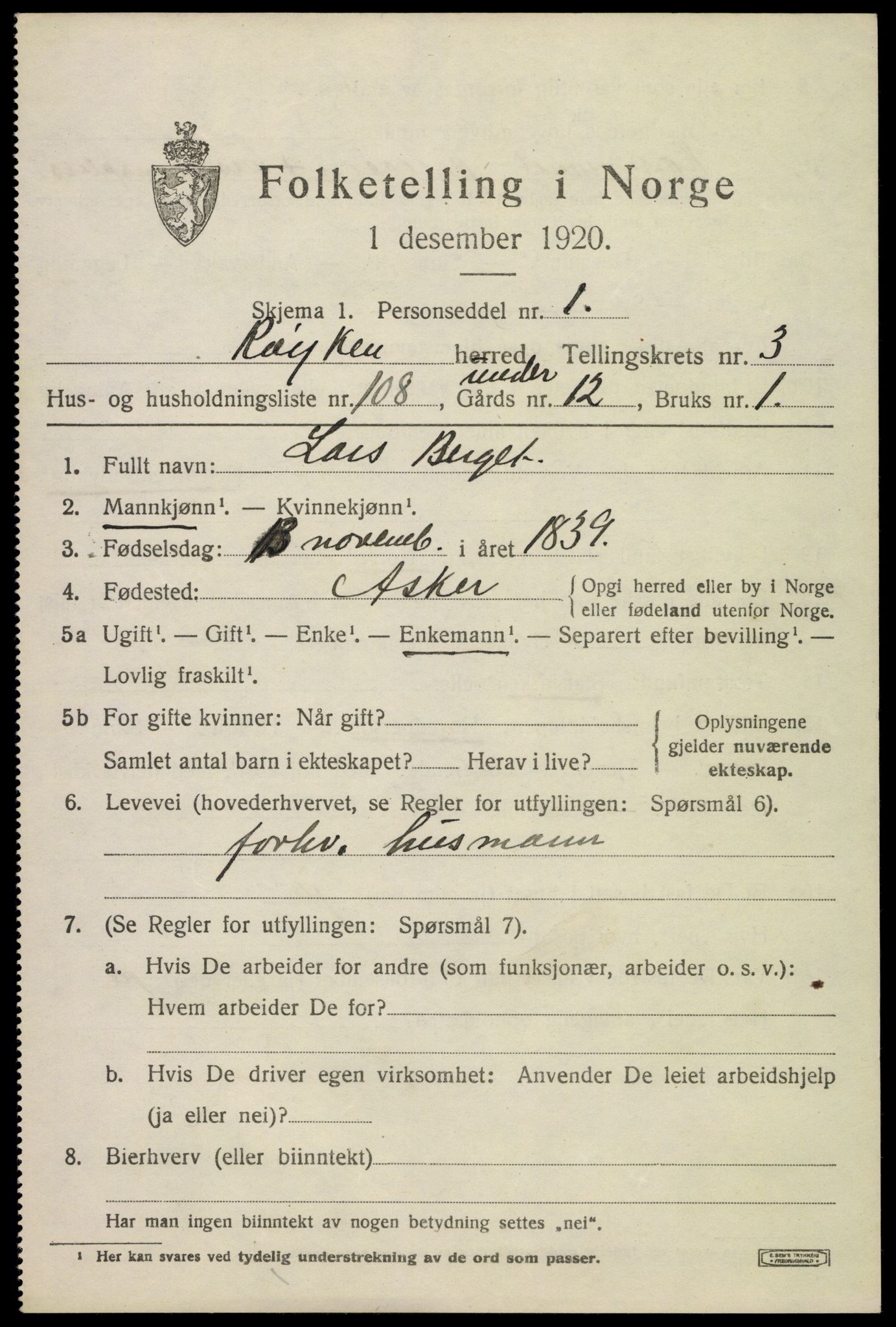 SAKO, 1920 census for Røyken, 1920, p. 5482