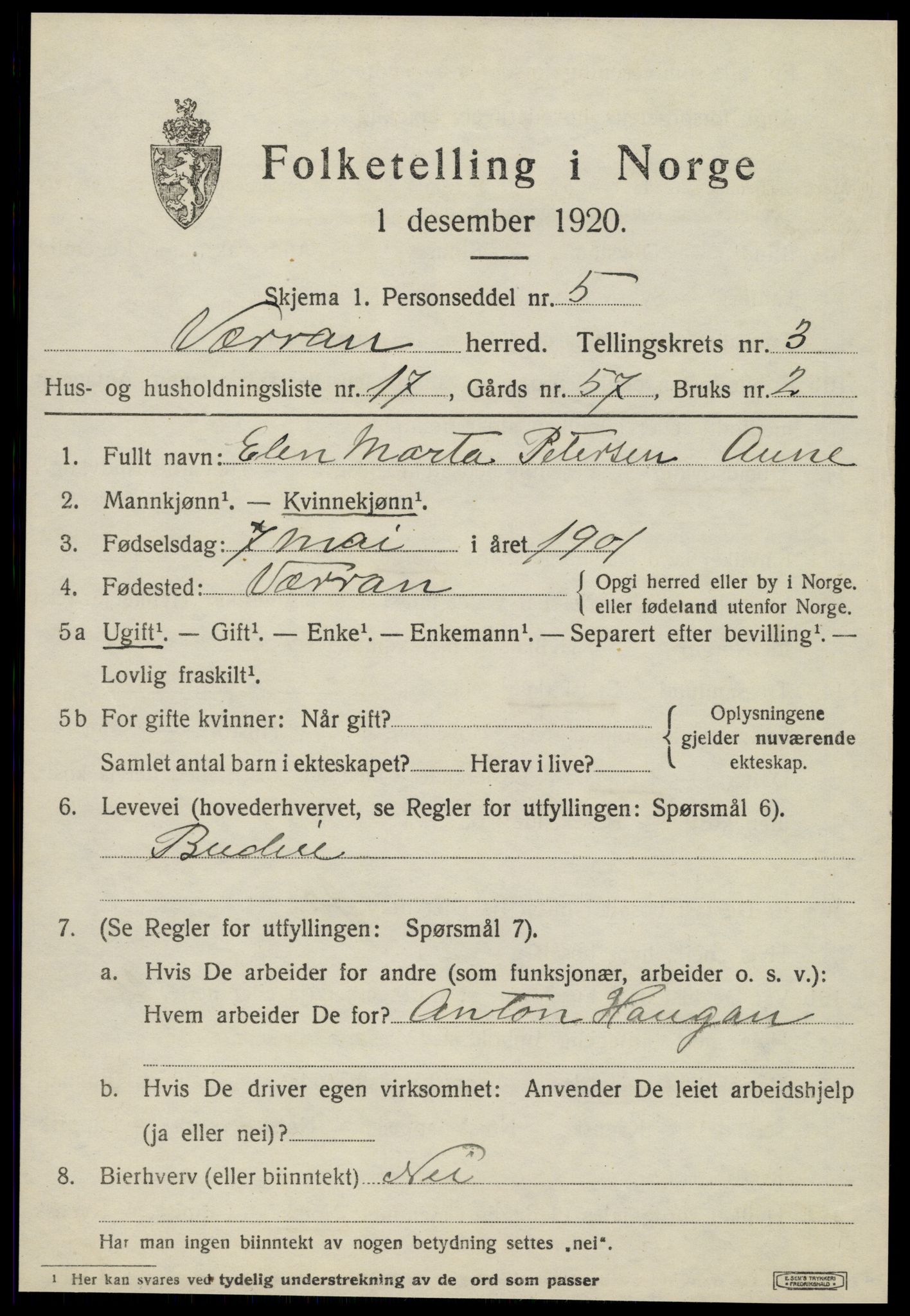 SAT, 1920 census for Verran, 1920, p. 1504