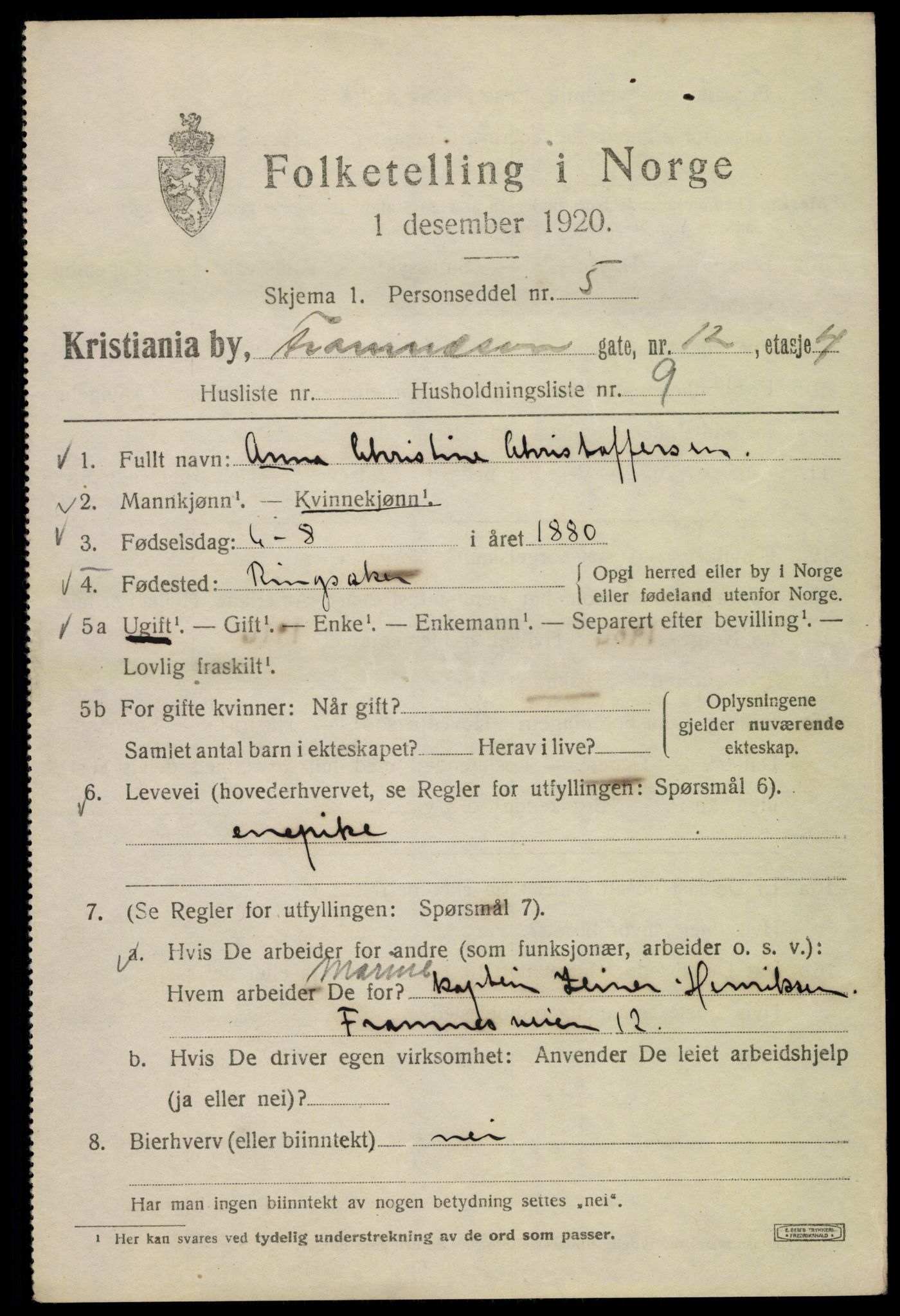 SAO, 1920 census for Kristiania, 1920, p. 233483