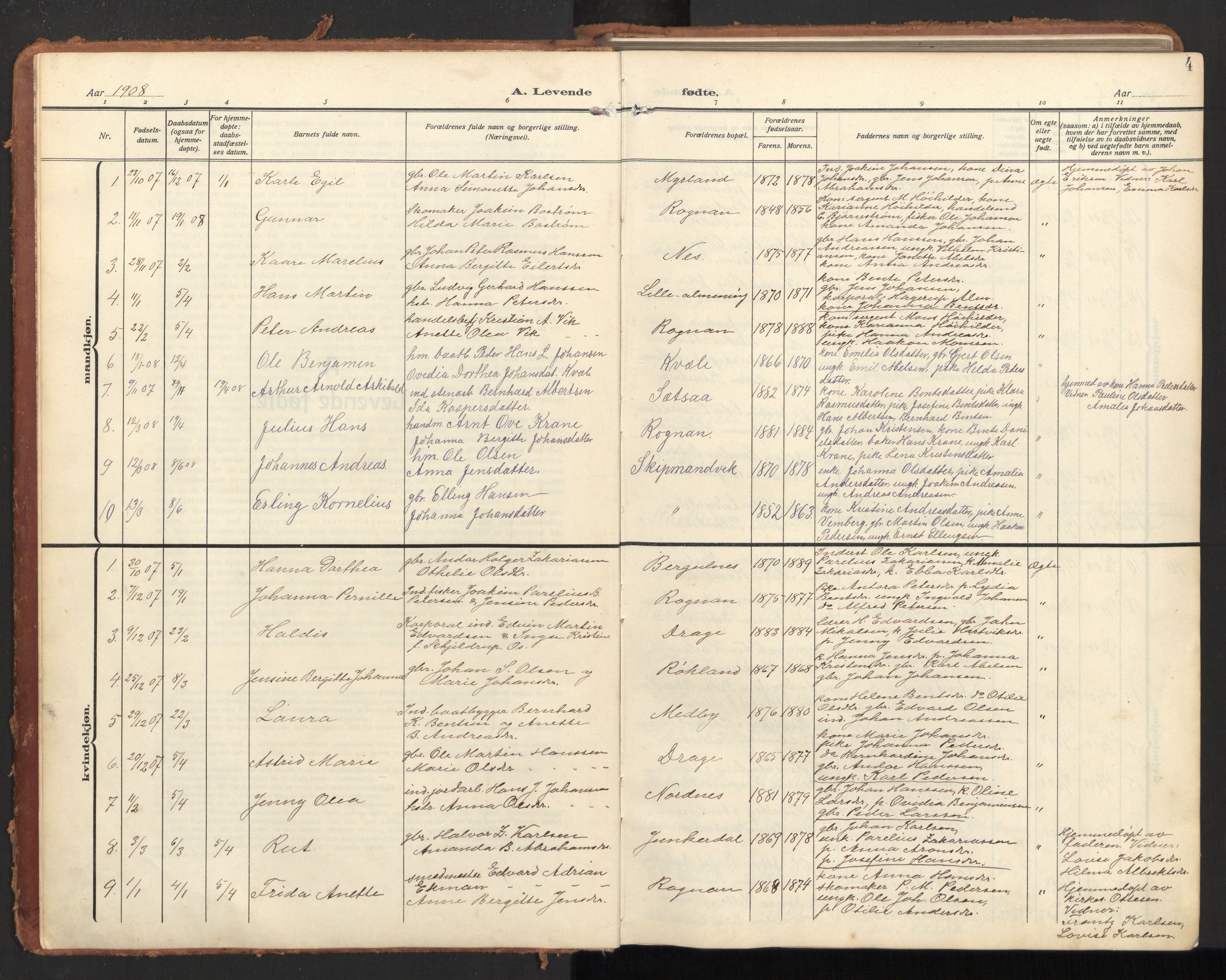 Ministerialprotokoller, klokkerbøker og fødselsregistre - Nordland, SAT/A-1459/847/L0683: Parish register (copy) no. 847C11, 1908-1929, p. 4