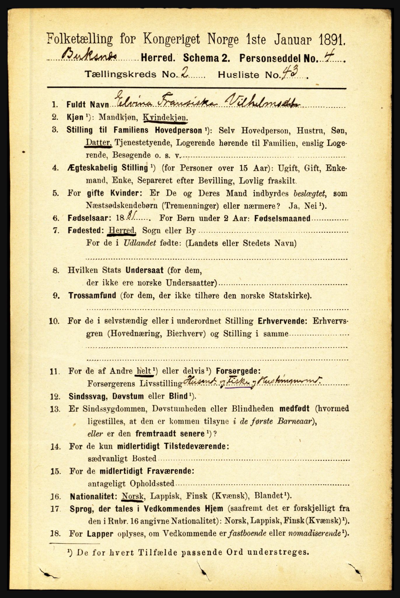 RA, 1891 census for 1860 Buksnes, 1891, p. 1918