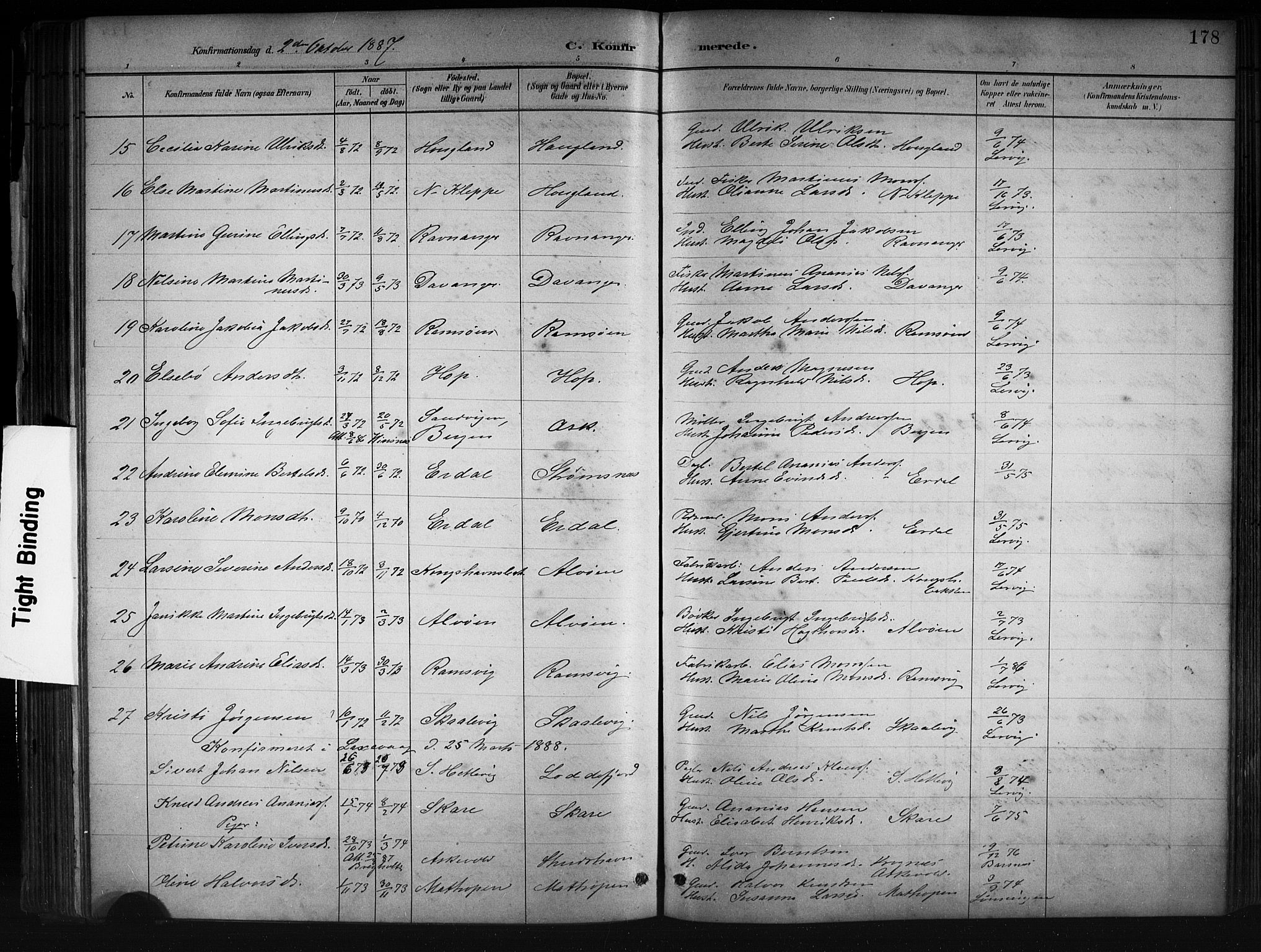 Askøy Sokneprestembete, SAB/A-74101/H/Ha/Hab/Haba/L0008: Parish register (copy) no. A 8, 1882-1893, p. 178