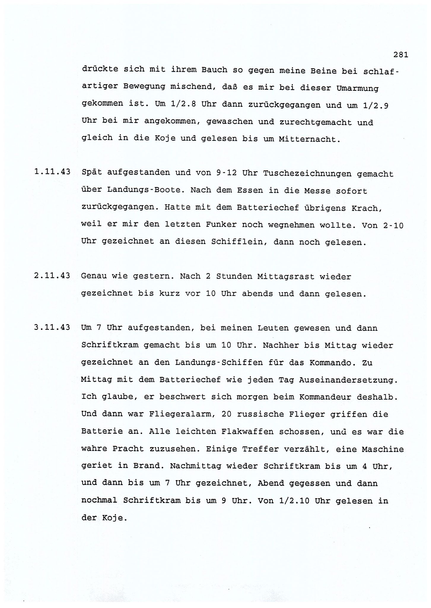 Dagbokopptegnelser av en tysk marineoffiser stasjonert i Norge , FMFB/A-1160/F/L0001: Dagbokopptegnelser av en tysk marineoffiser stasjonert i Norge, 1941-1944, p. 281