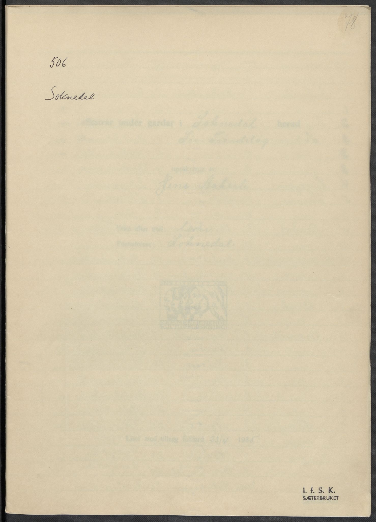 Instituttet for sammenlignende kulturforskning, AV/RA-PA-0424/F/Fc/L0014/0002: Eske B14: / Sør-Trøndelag (perm XL), 1933-1935, p. 78