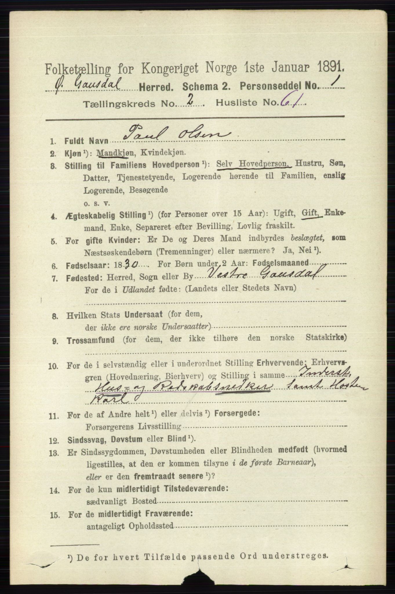 RA, 1891 census for 0522 Østre Gausdal, 1891, p. 1599