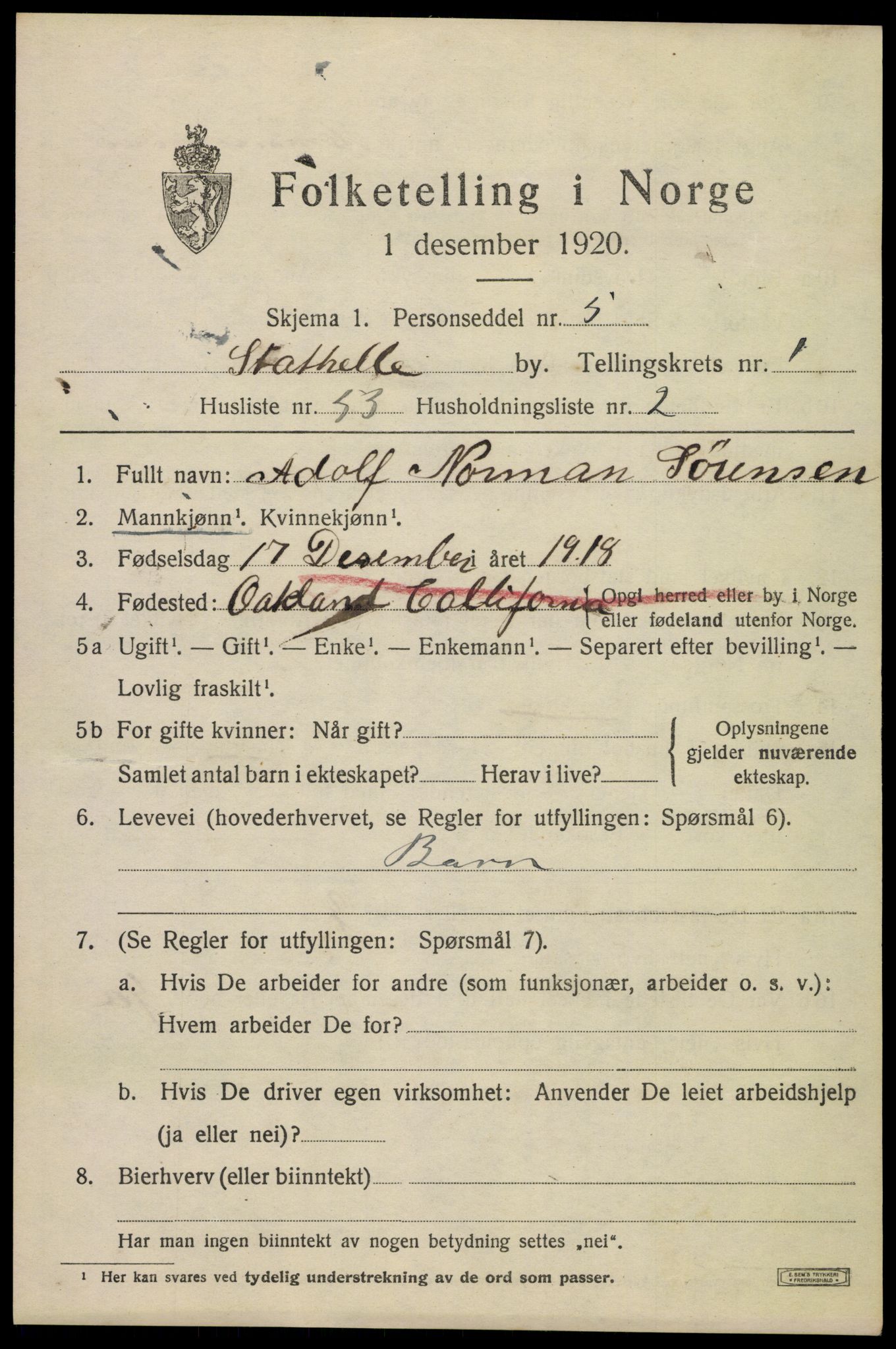 SAKO, 1920 census for Stathelle, 1920, p. 1045