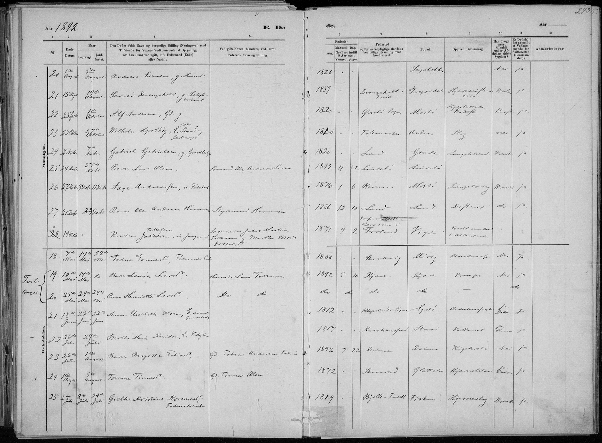 Oddernes sokneprestkontor, AV/SAK-1111-0033/F/Fa/Faa/L0009: Parish register (official) no. A 9, 1884-1896, p. 243