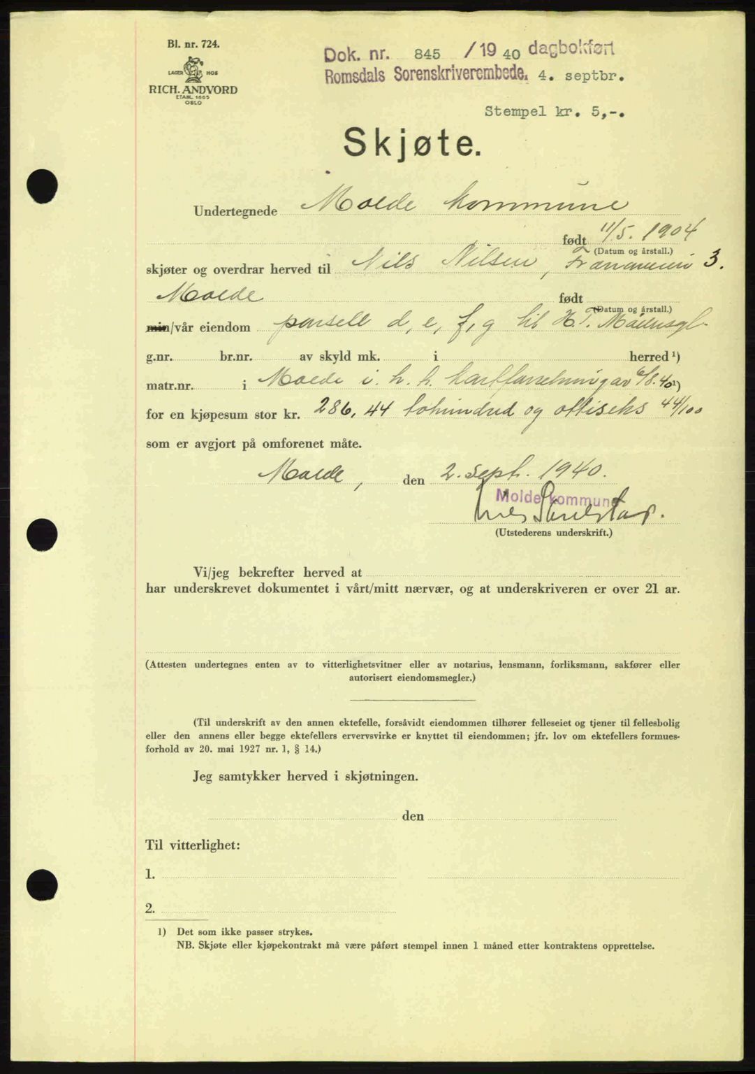 Romsdal sorenskriveri, AV/SAT-A-4149/1/2/2C: Mortgage book no. A8, 1939-1940, Diary no: : 845/1940