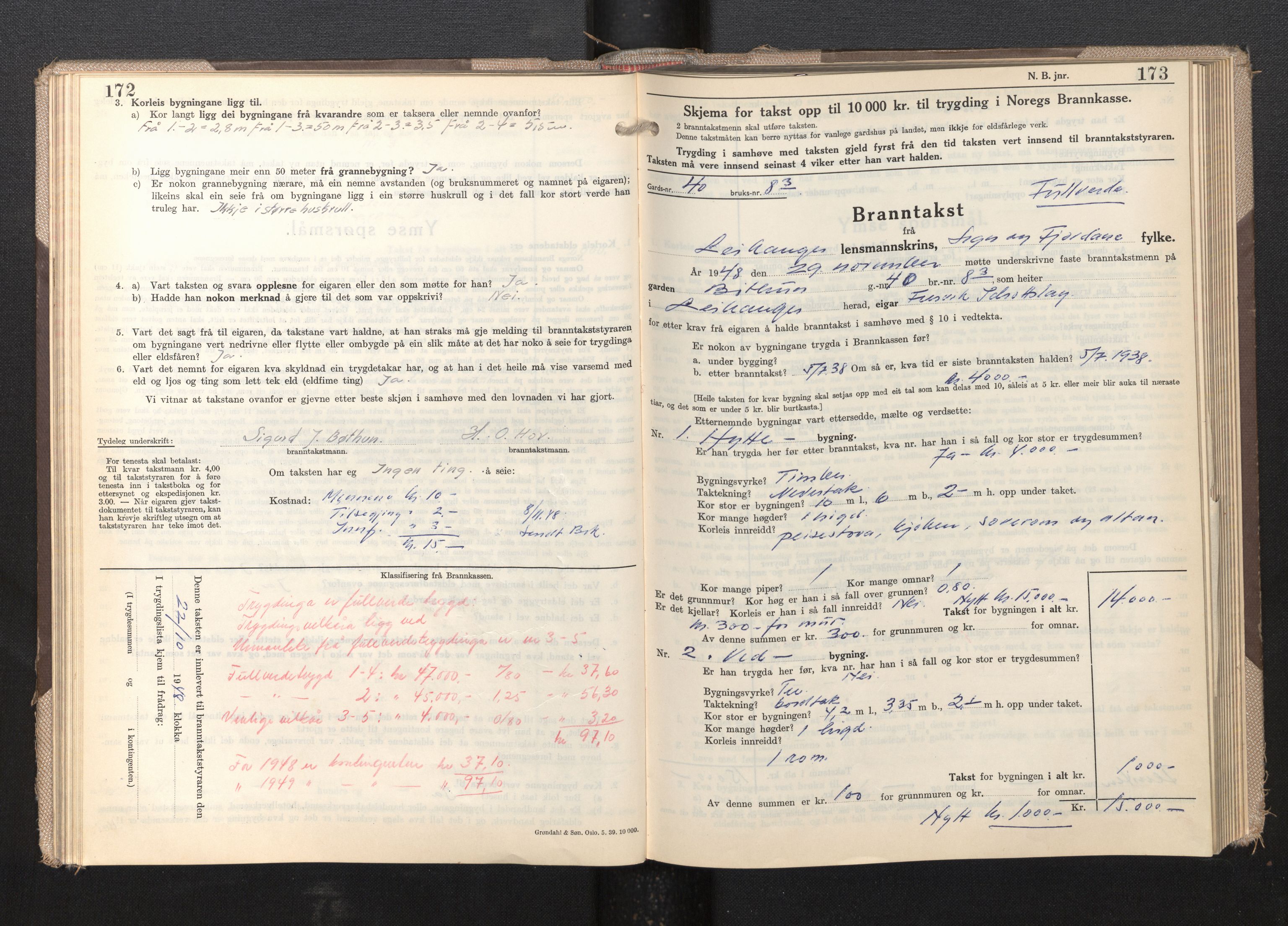 Lensmannen i Leikanger, AV/SAB-A-29201/0012/L0009: Branntakstprotokoll, skjematakst, 1946-1952, p. 172-173