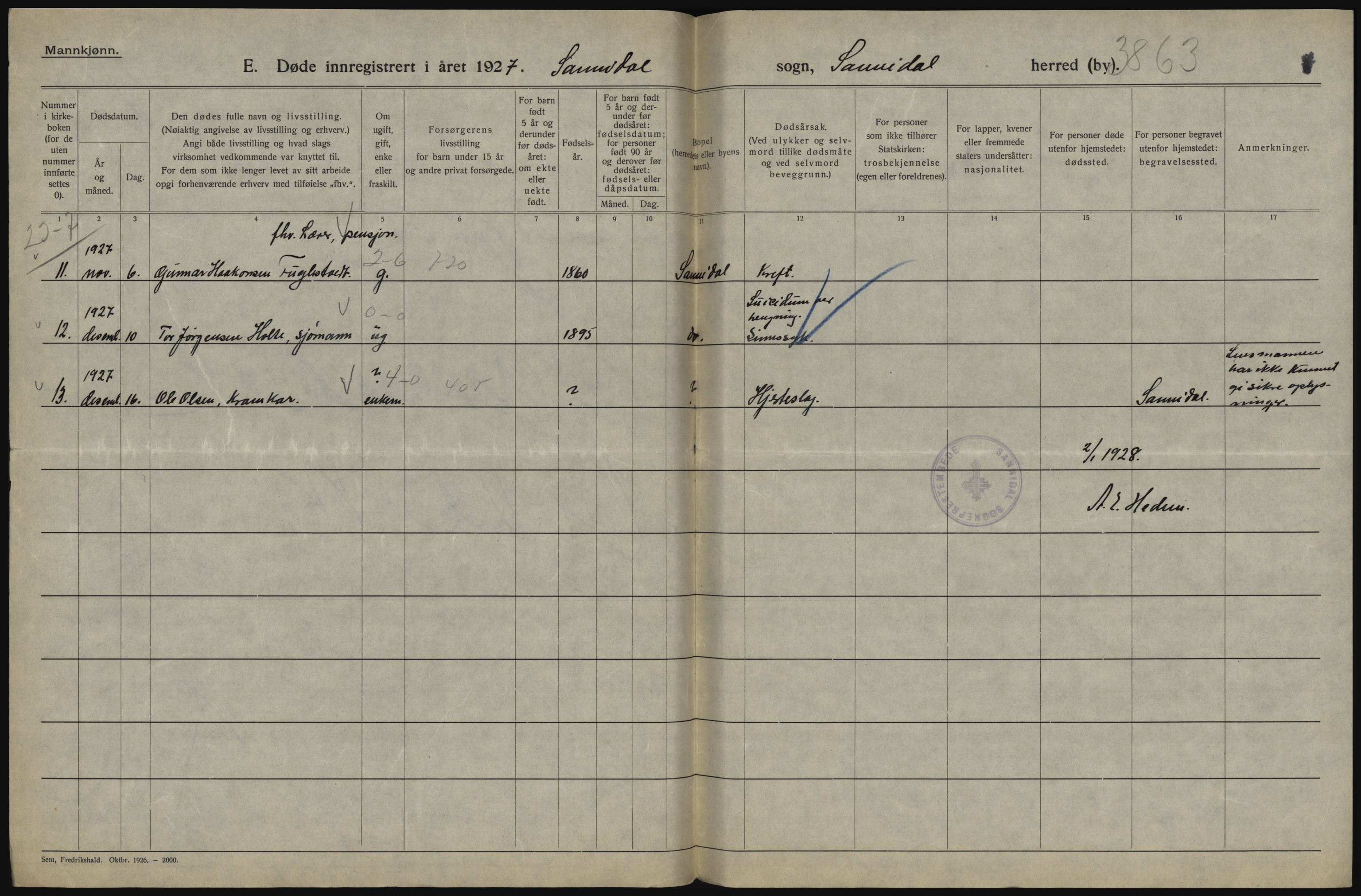 Statistisk sentralbyrå, Sosiodemografiske emner, Befolkning, AV/RA-S-2228/D/Df/Dfc/Dfcg/L0020: Telemark fylke: Gifte, døde. Bygder og byer., 1927, p. 304