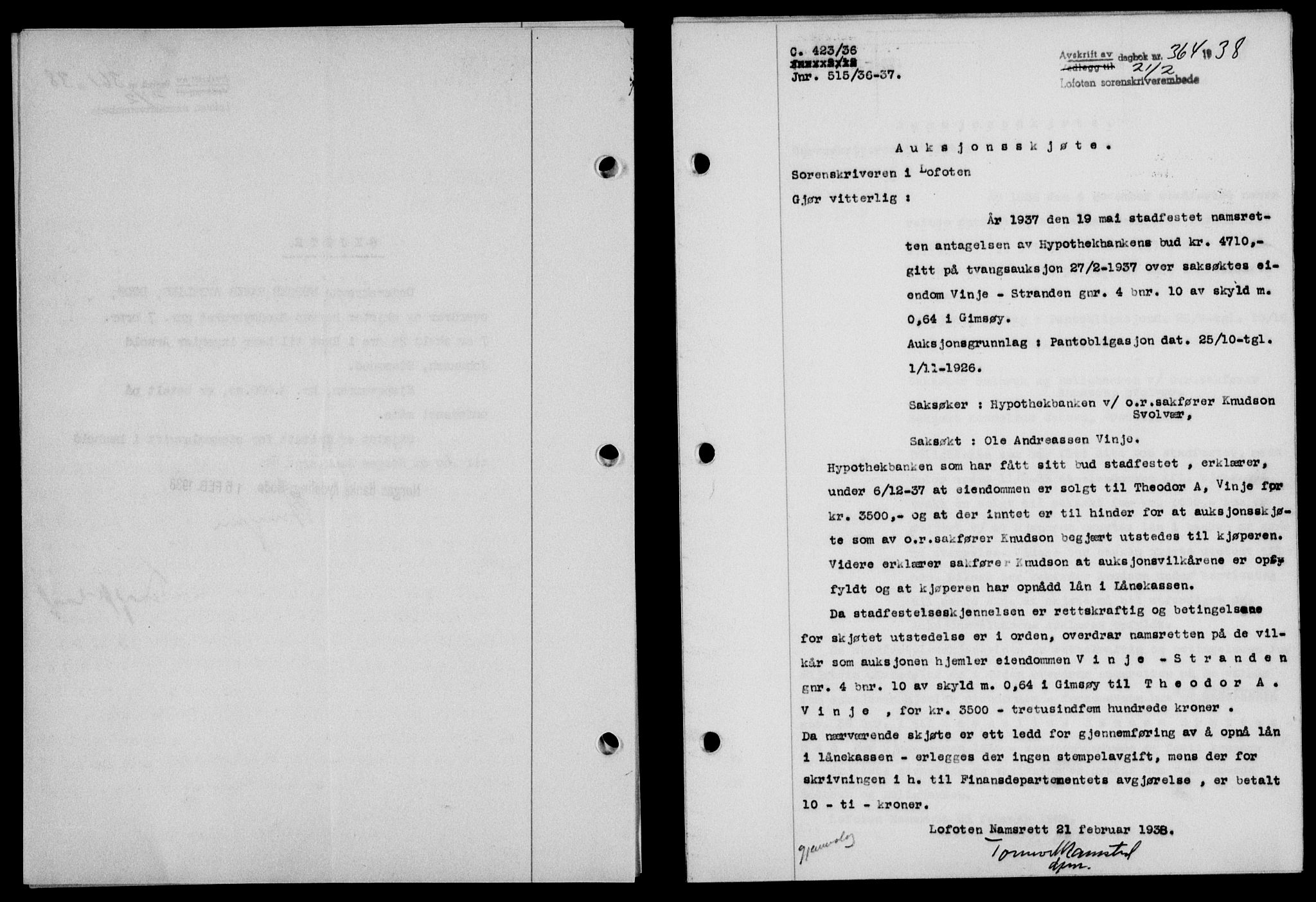 Lofoten sorenskriveri, SAT/A-0017/1/2/2C/L0003a: Mortgage book no. 3a, 1937-1938, Diary no: : 364/1938